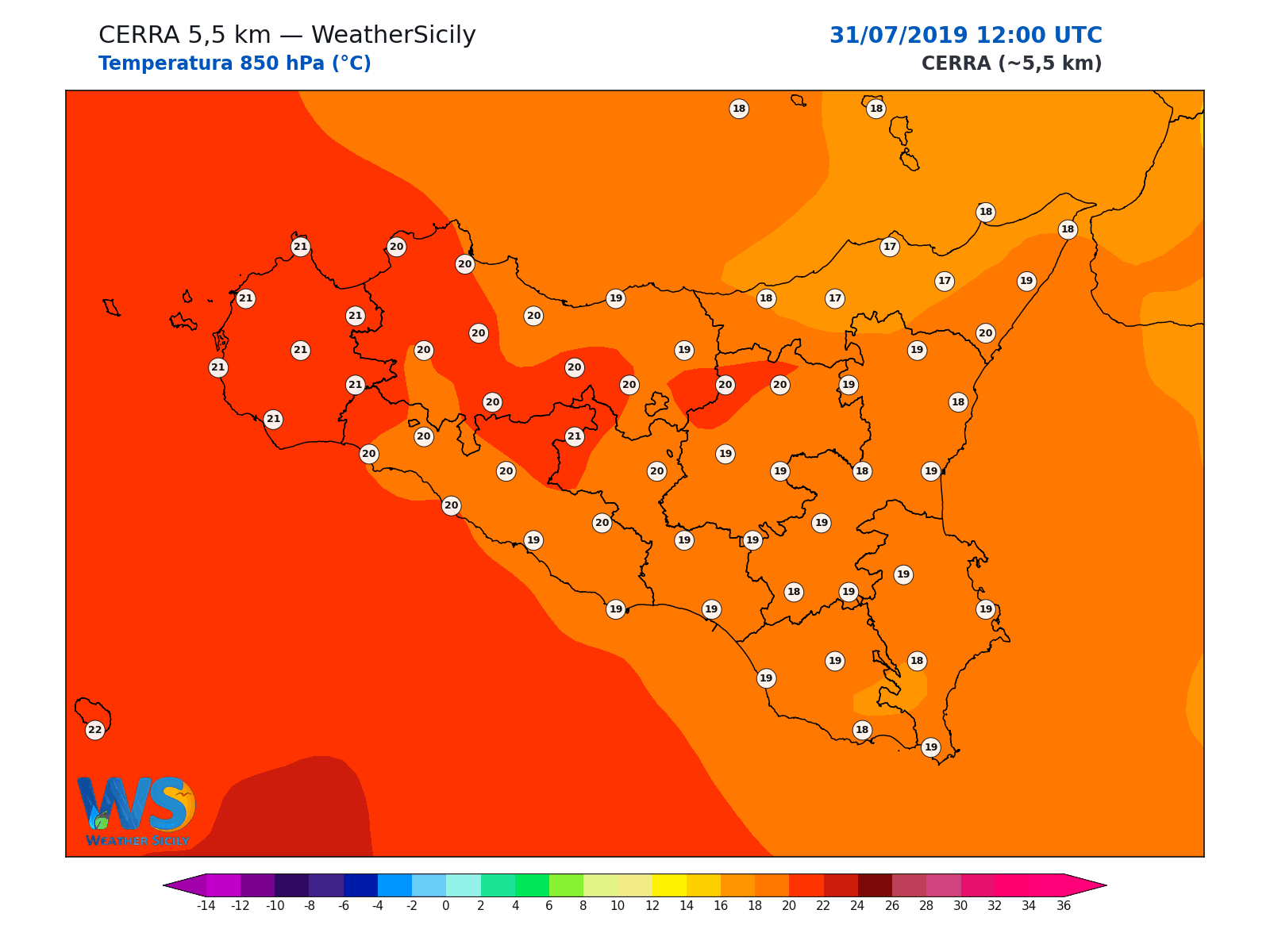 Temperatura a 850 hPa · 2019073112