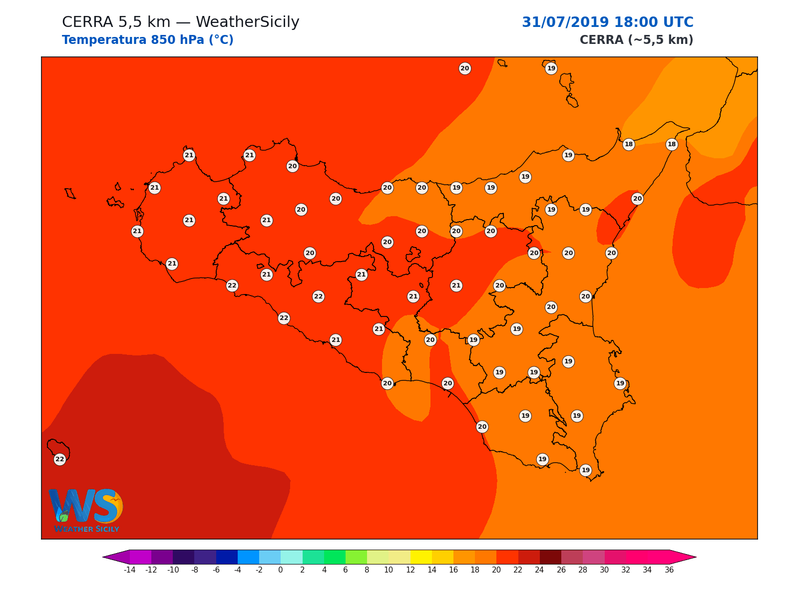 Temperatura a 850 hPa · 2019073118