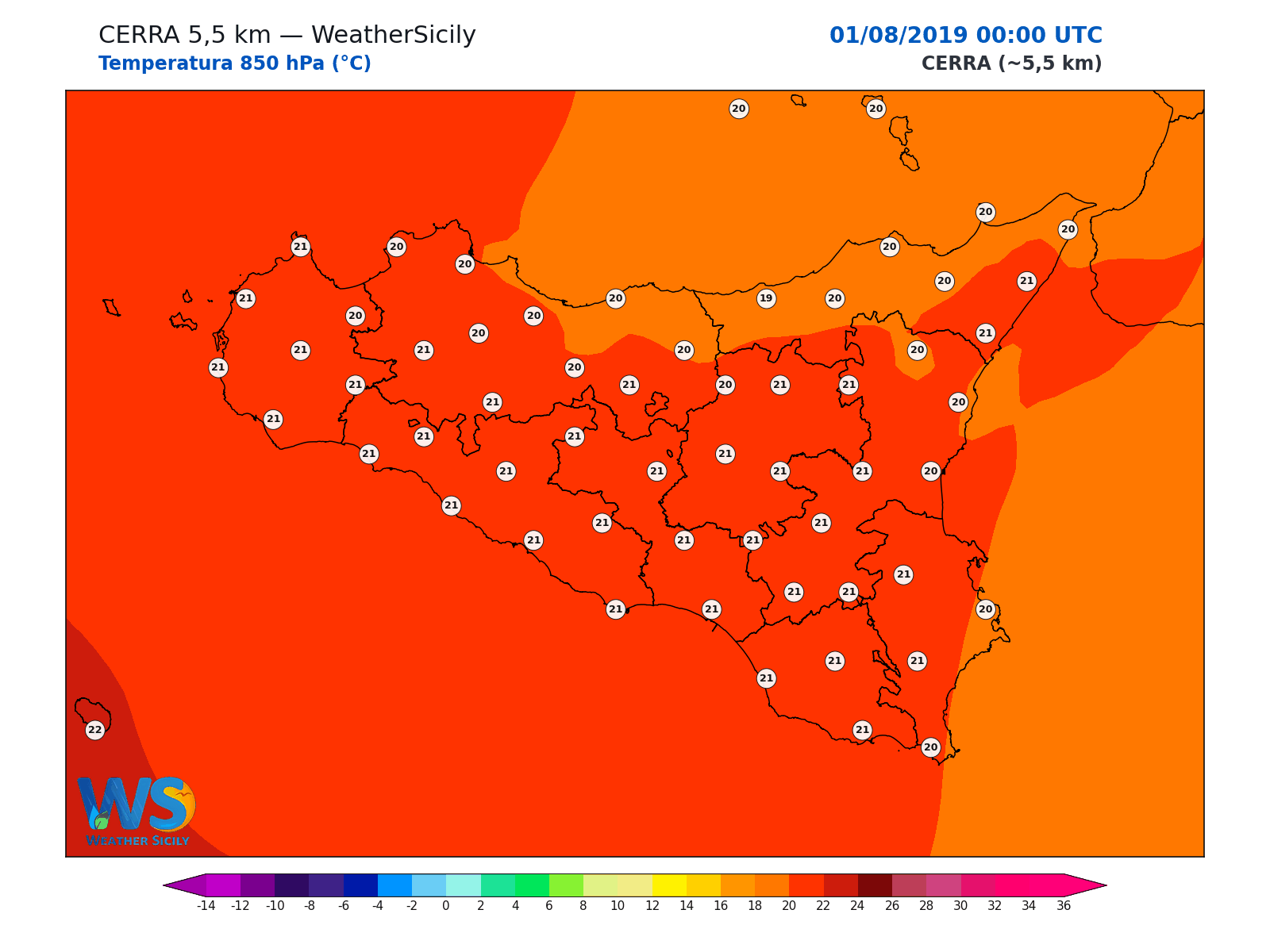 Temperatura a 850 hPa · 2019080100