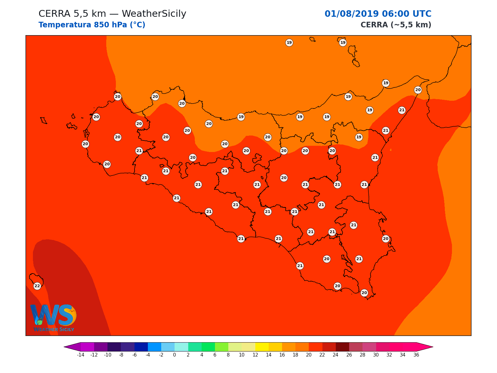 Temperatura a 850 hPa · 2019080106
