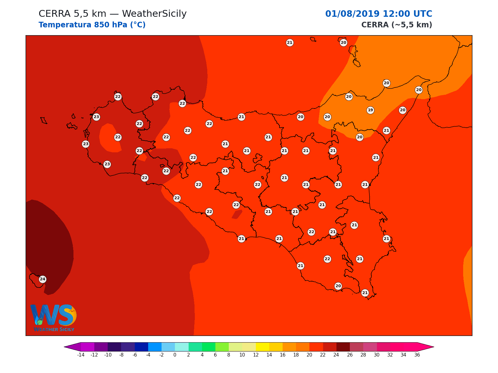 Temperatura a 850 hPa · 2019080112