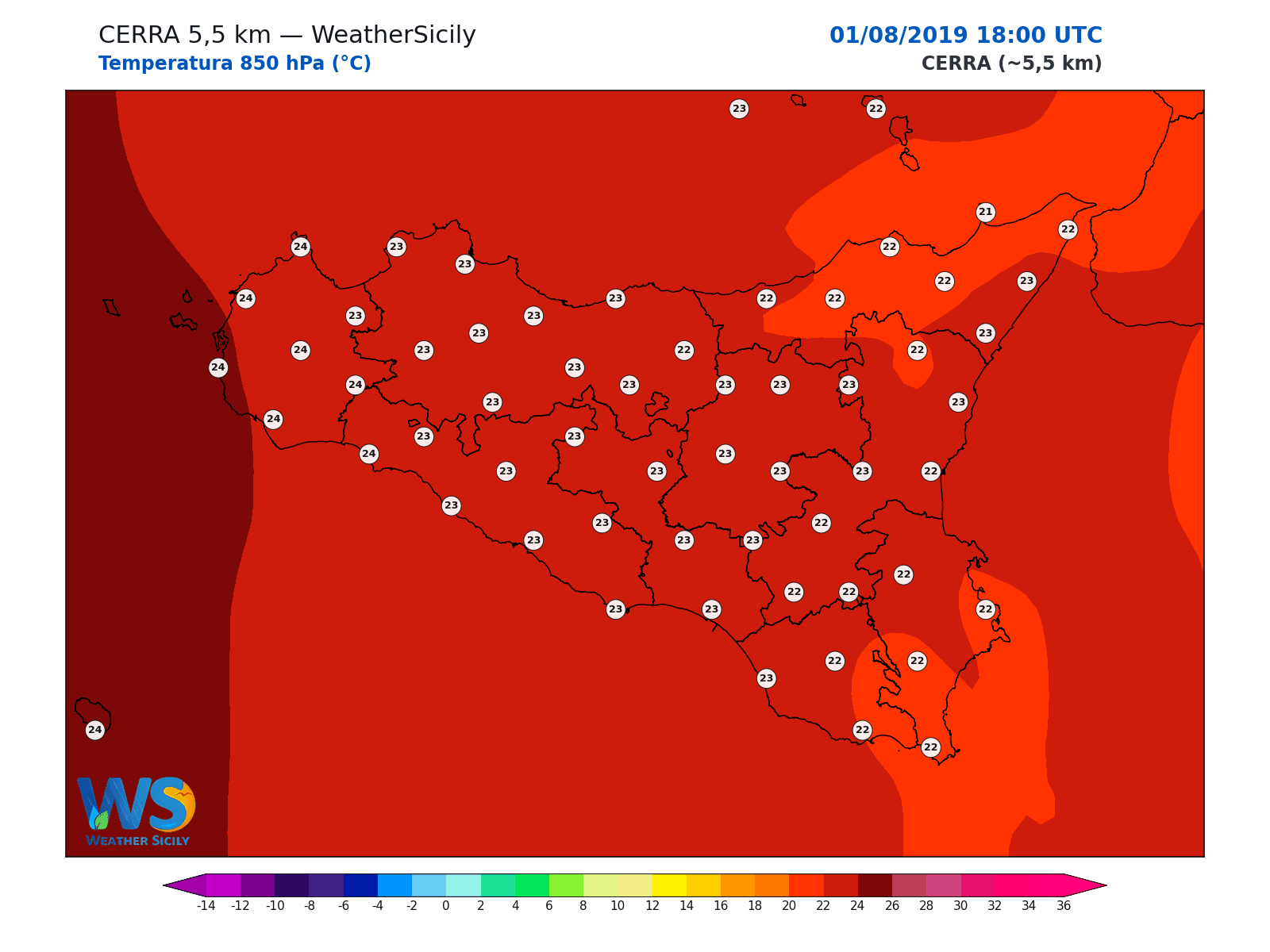 Temperatura a 850 hPa · 2019080118