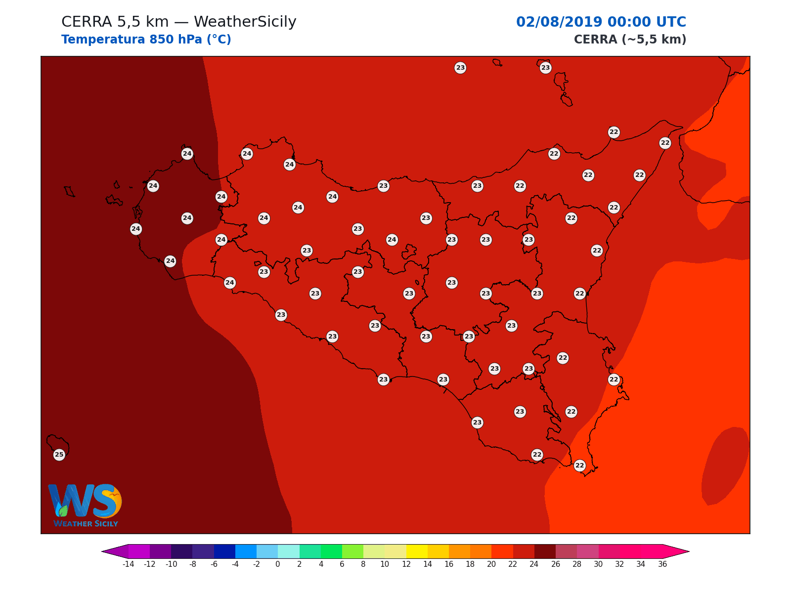 Temperatura a 850 hPa · 2019080200
