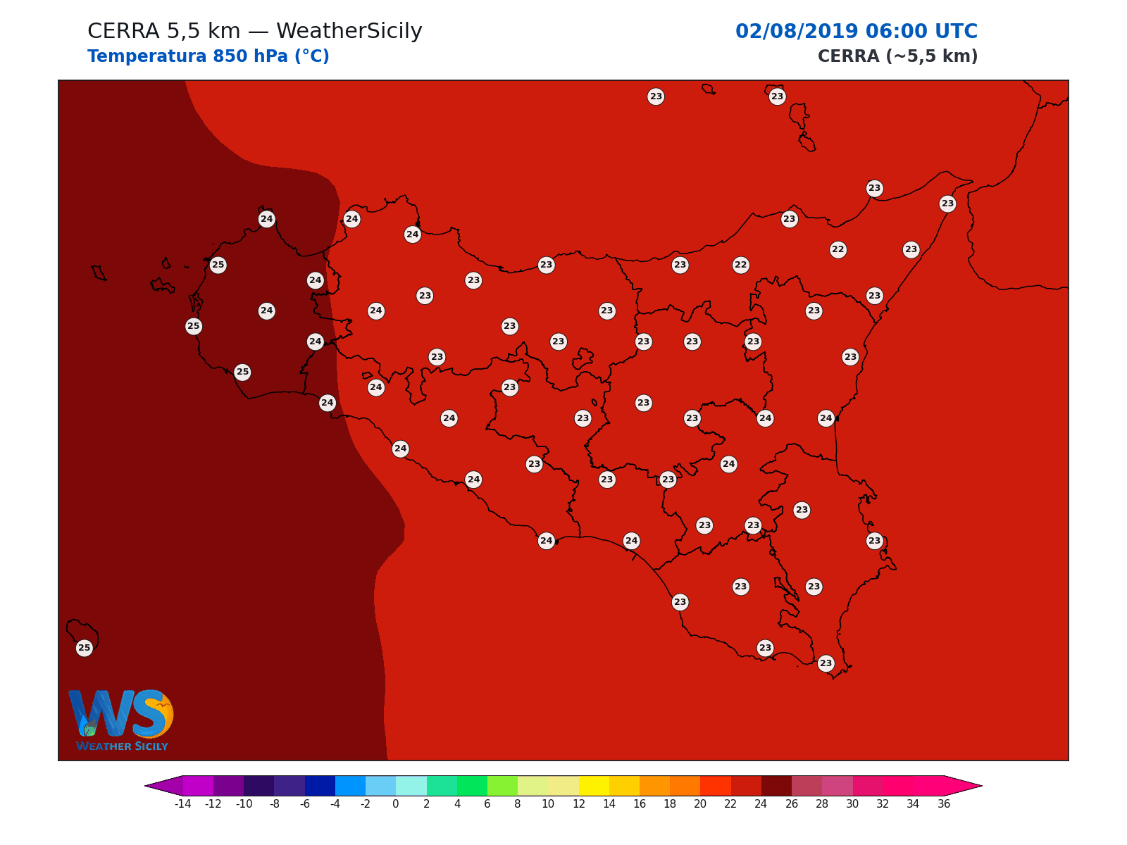 Temperatura a 850 hPa · 2019080206