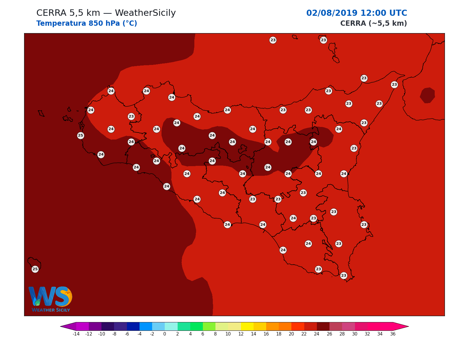 Temperatura a 850 hPa · 2019080212