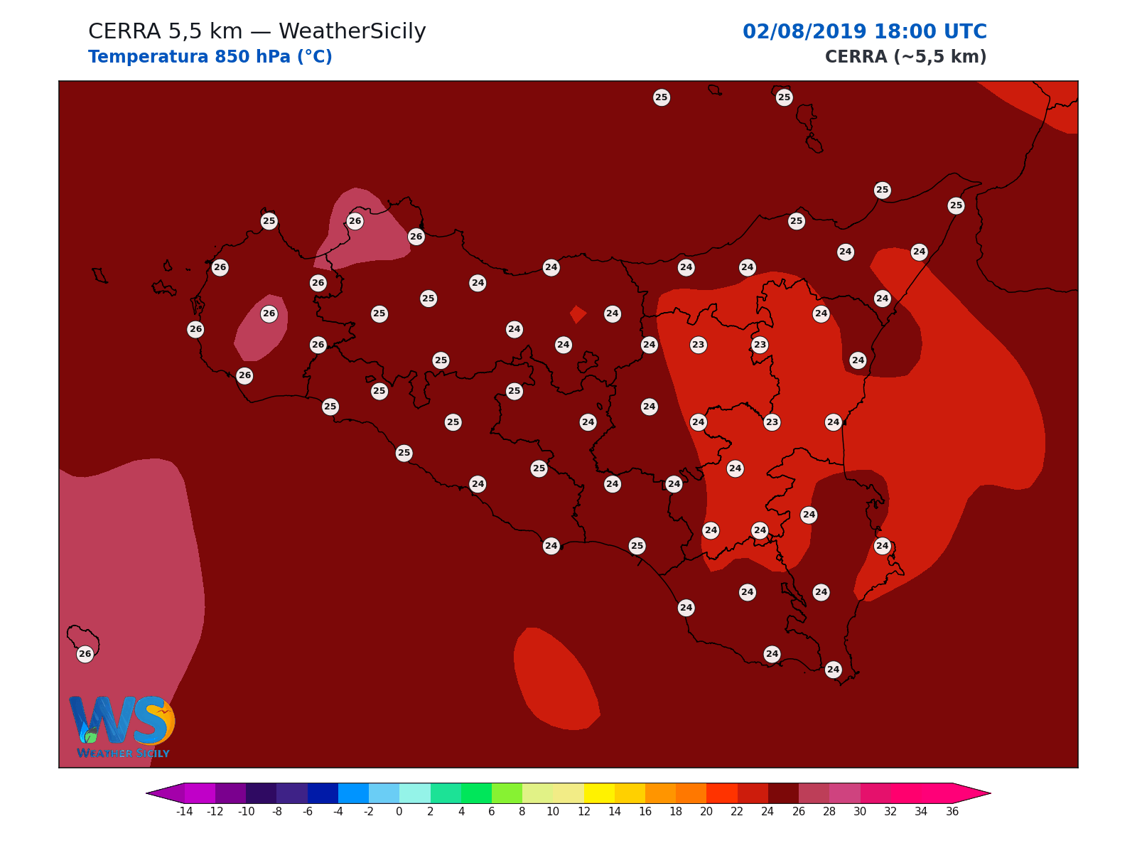 Temperatura a 850 hPa · 2019080218