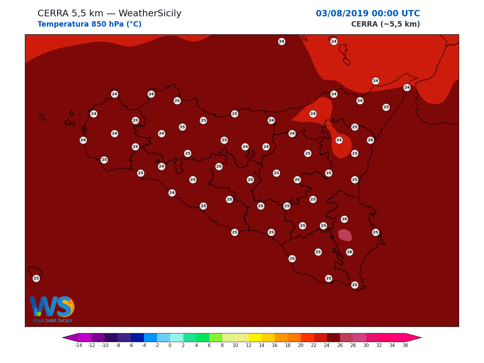 Temperatura a 850 hPa · 2019080300
