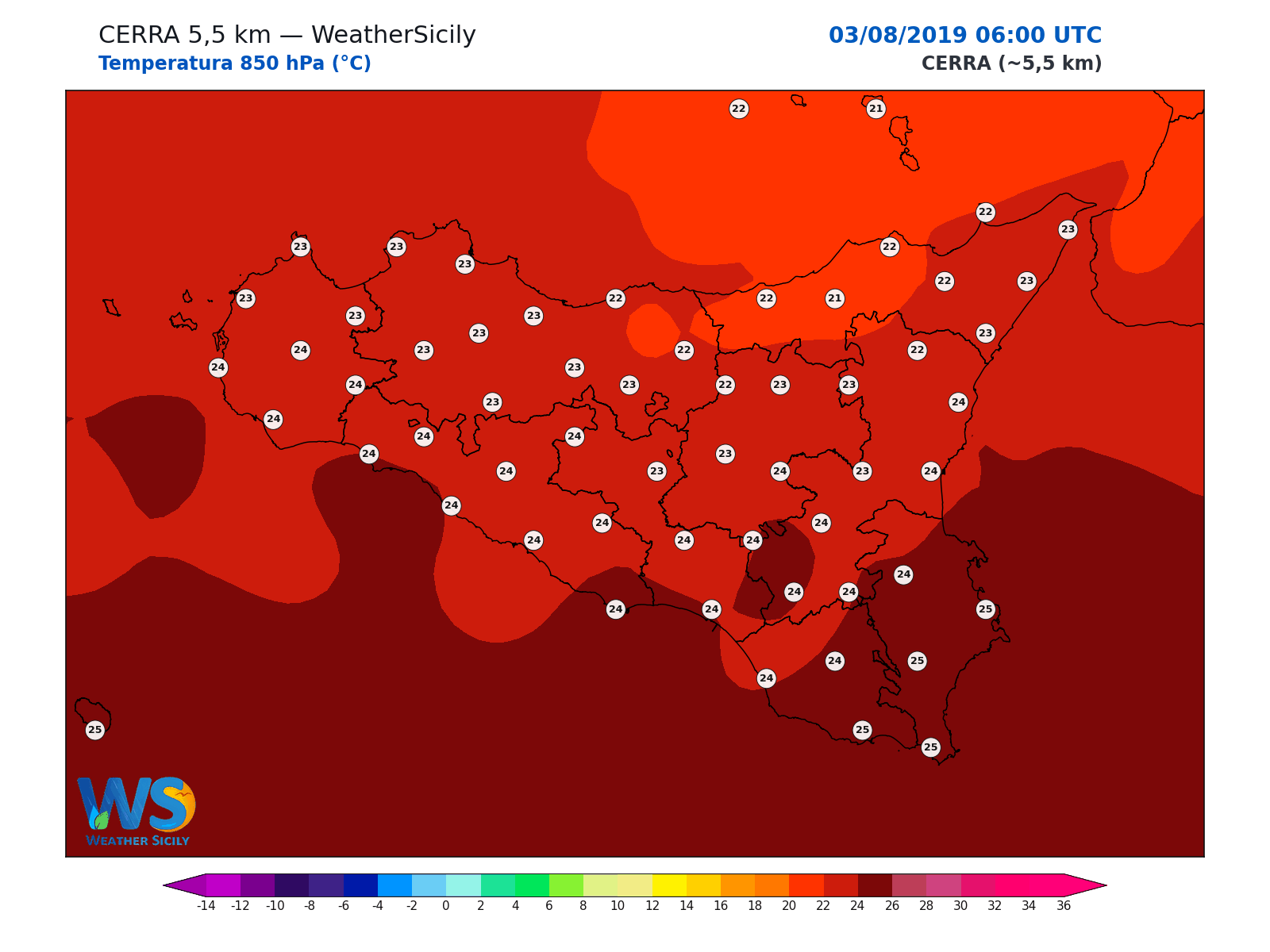 Temperatura a 850 hPa · 2019080306