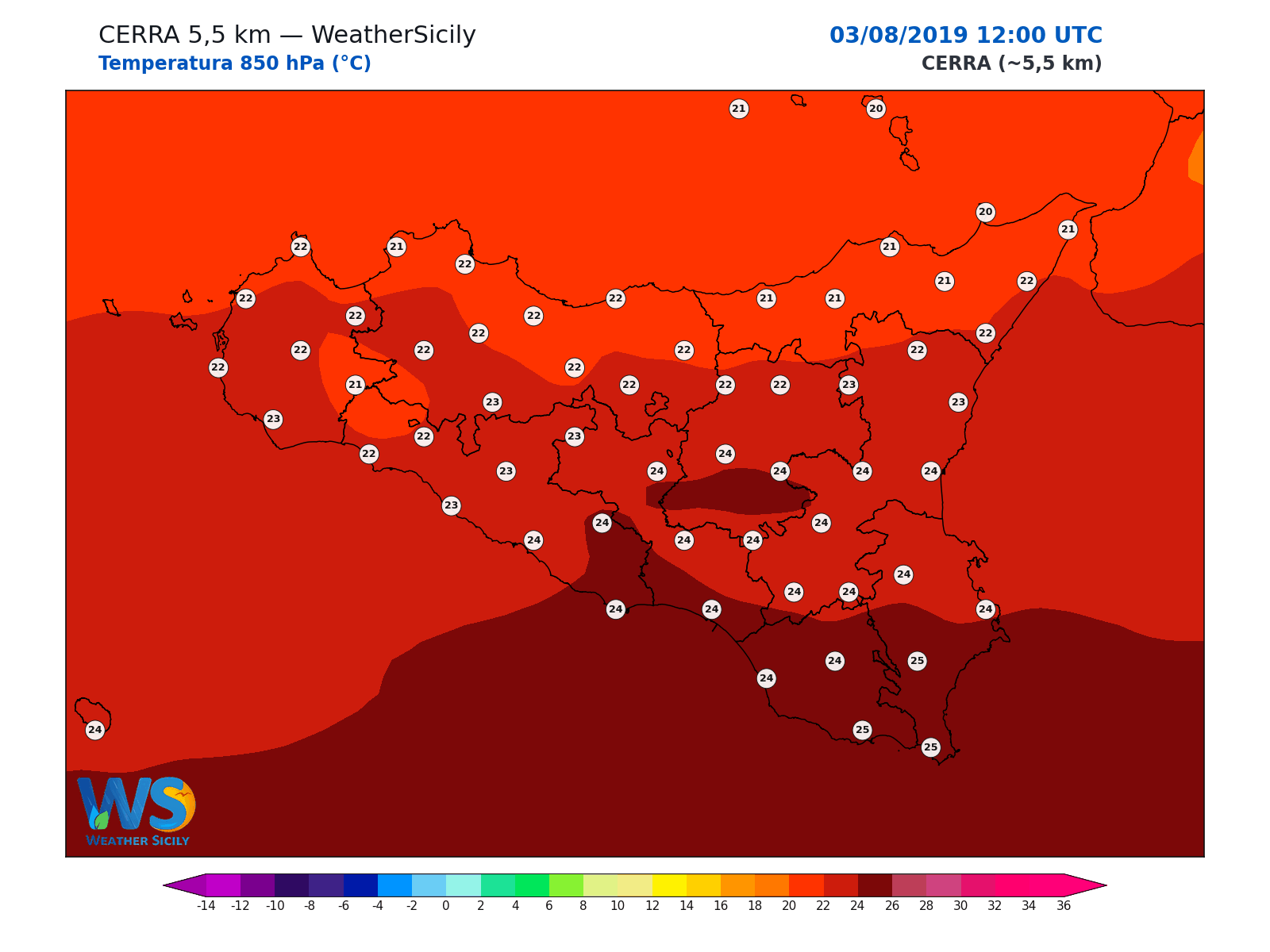Temperatura a 850 hPa · 2019080312