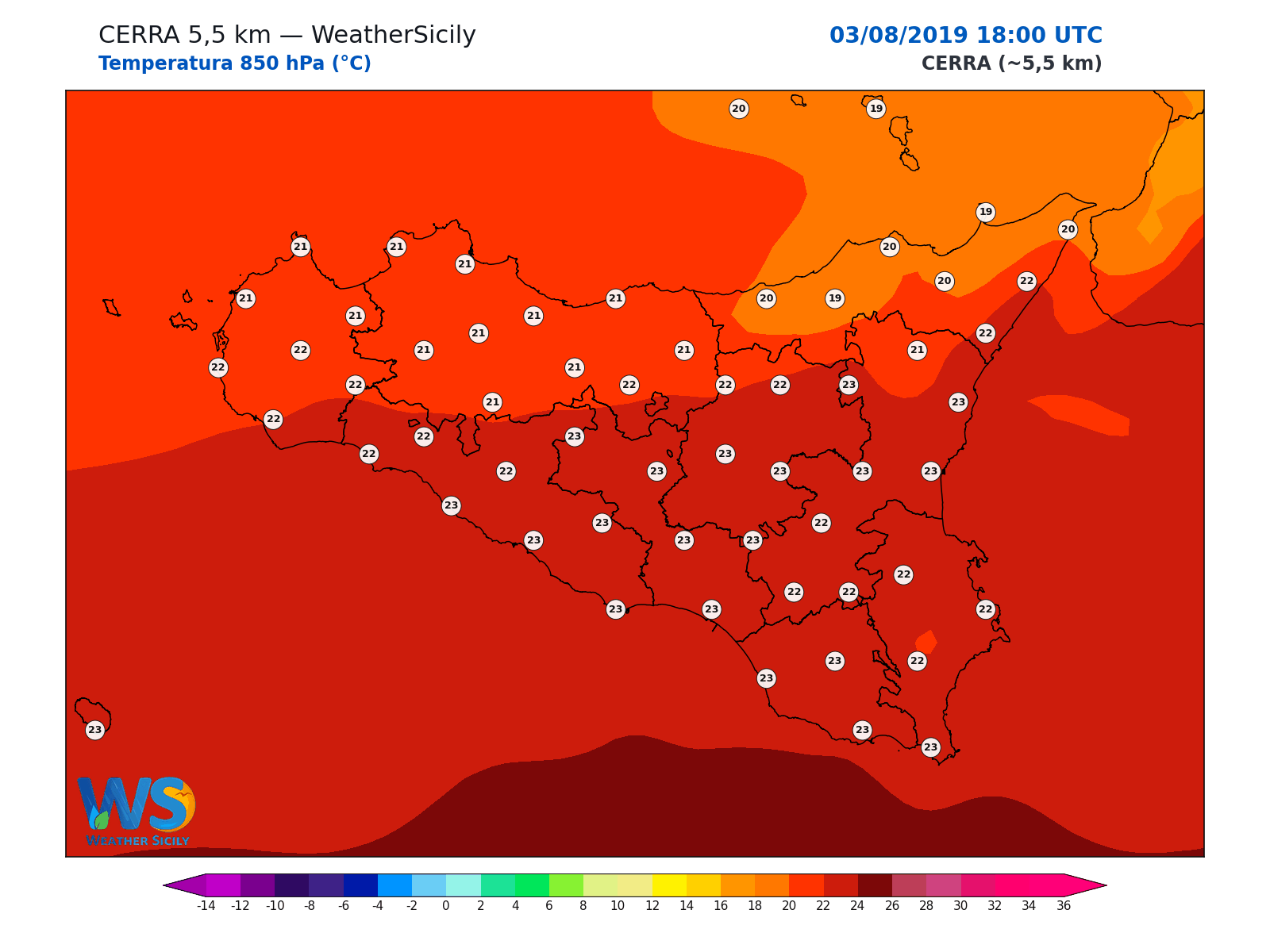Temperatura a 850 hPa · 2019080318
