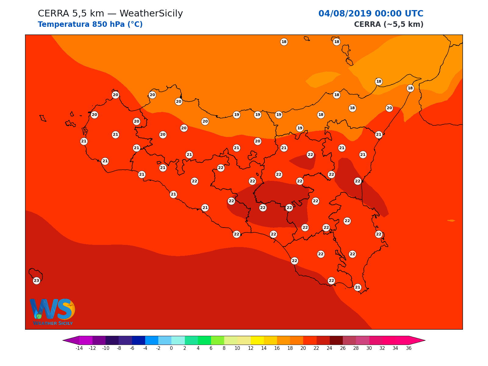 Temperatura a 850 hPa · 2019080400