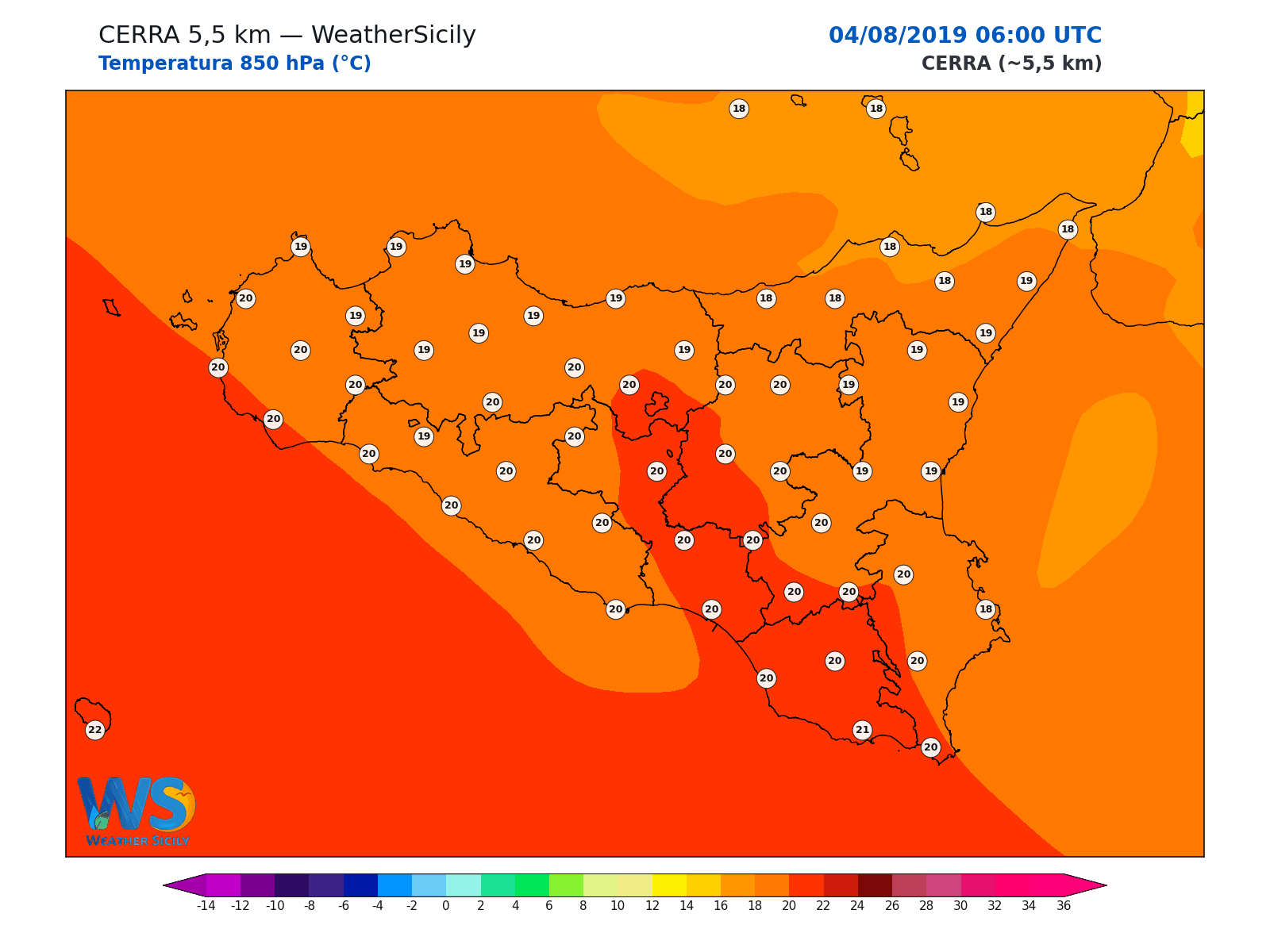 Temperatura a 850 hPa · 2019080406