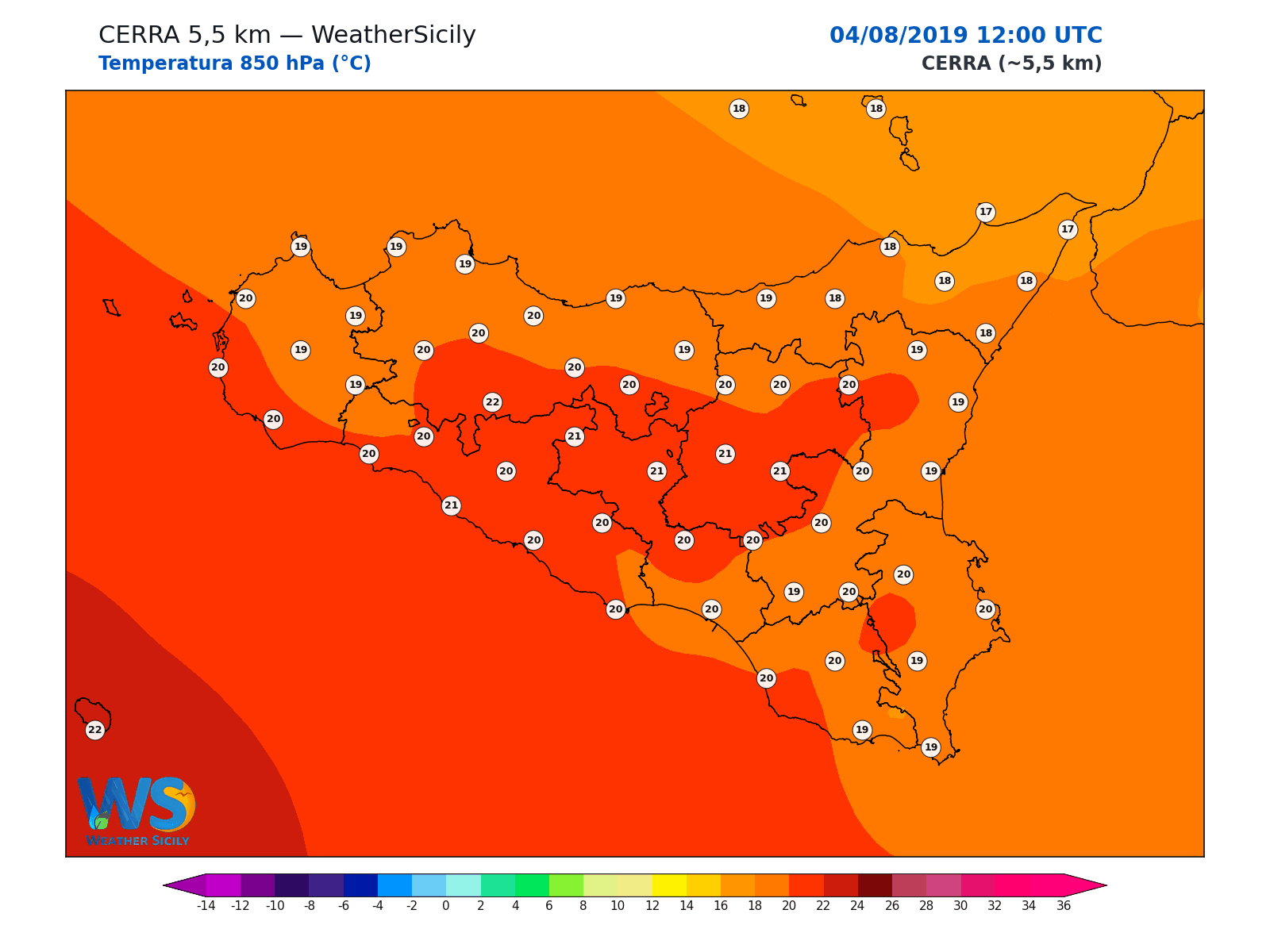 Temperatura a 850 hPa · 2019080412