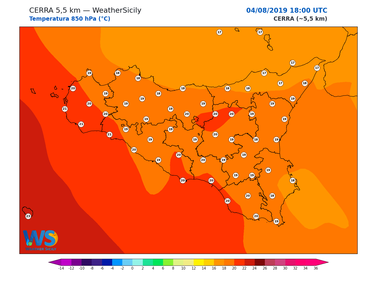 Temperatura a 850 hPa · 2019080418