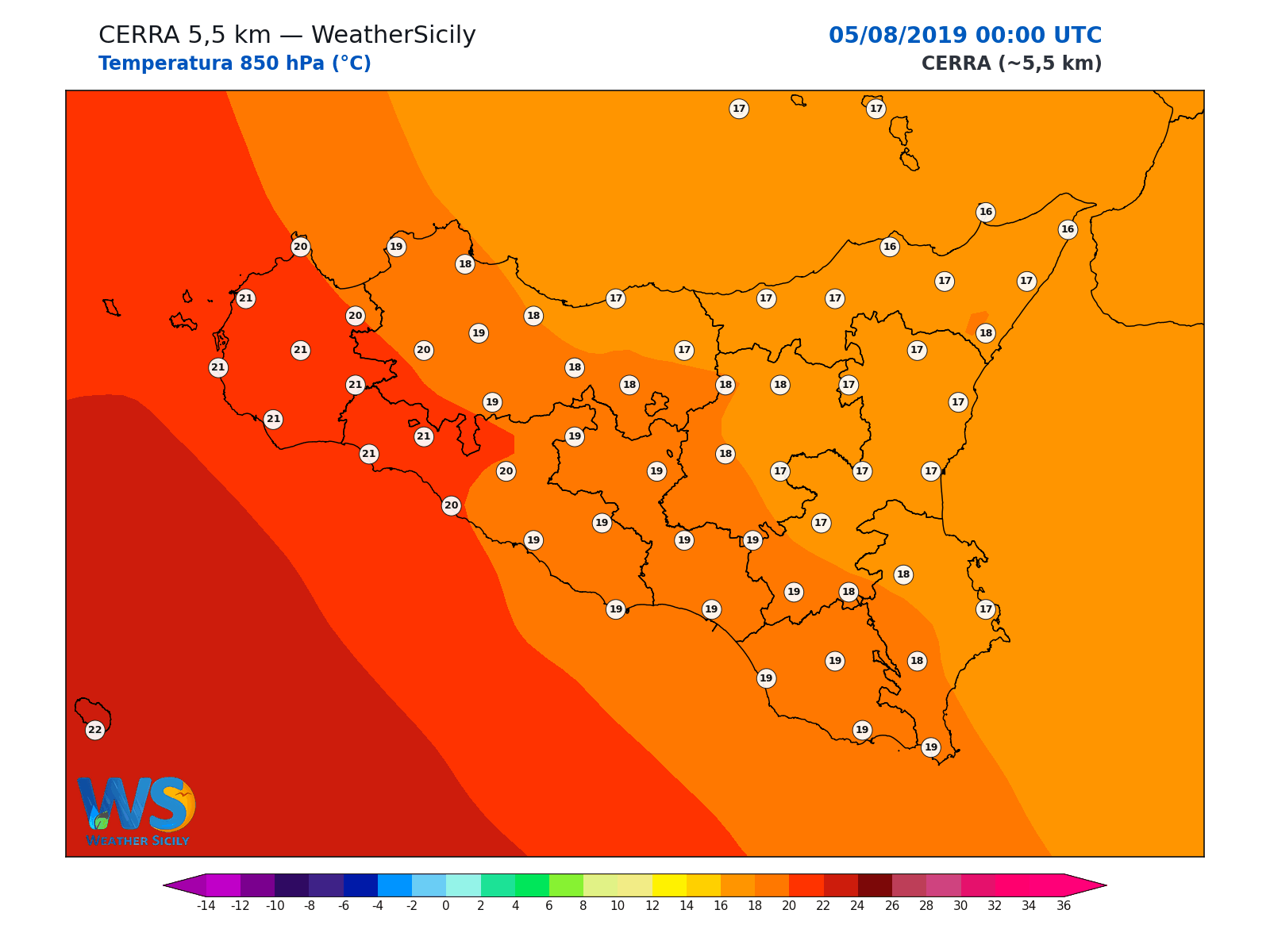 Temperatura a 850 hPa · 2019080500