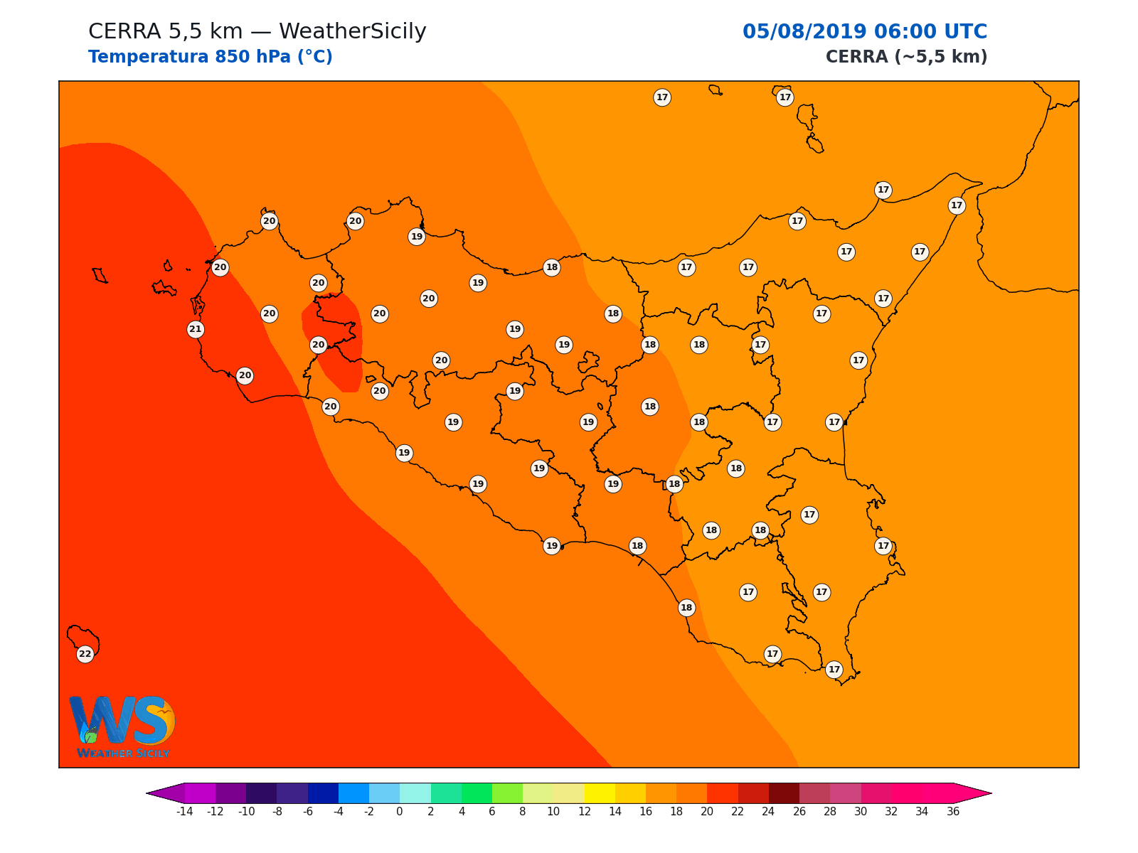 Temperatura a 850 hPa · 2019080506