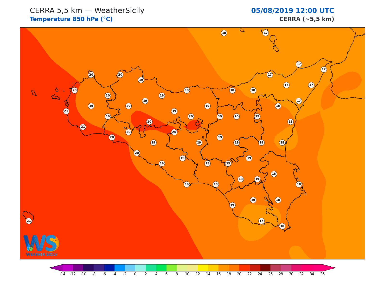 Temperatura a 850 hPa · 2019080512