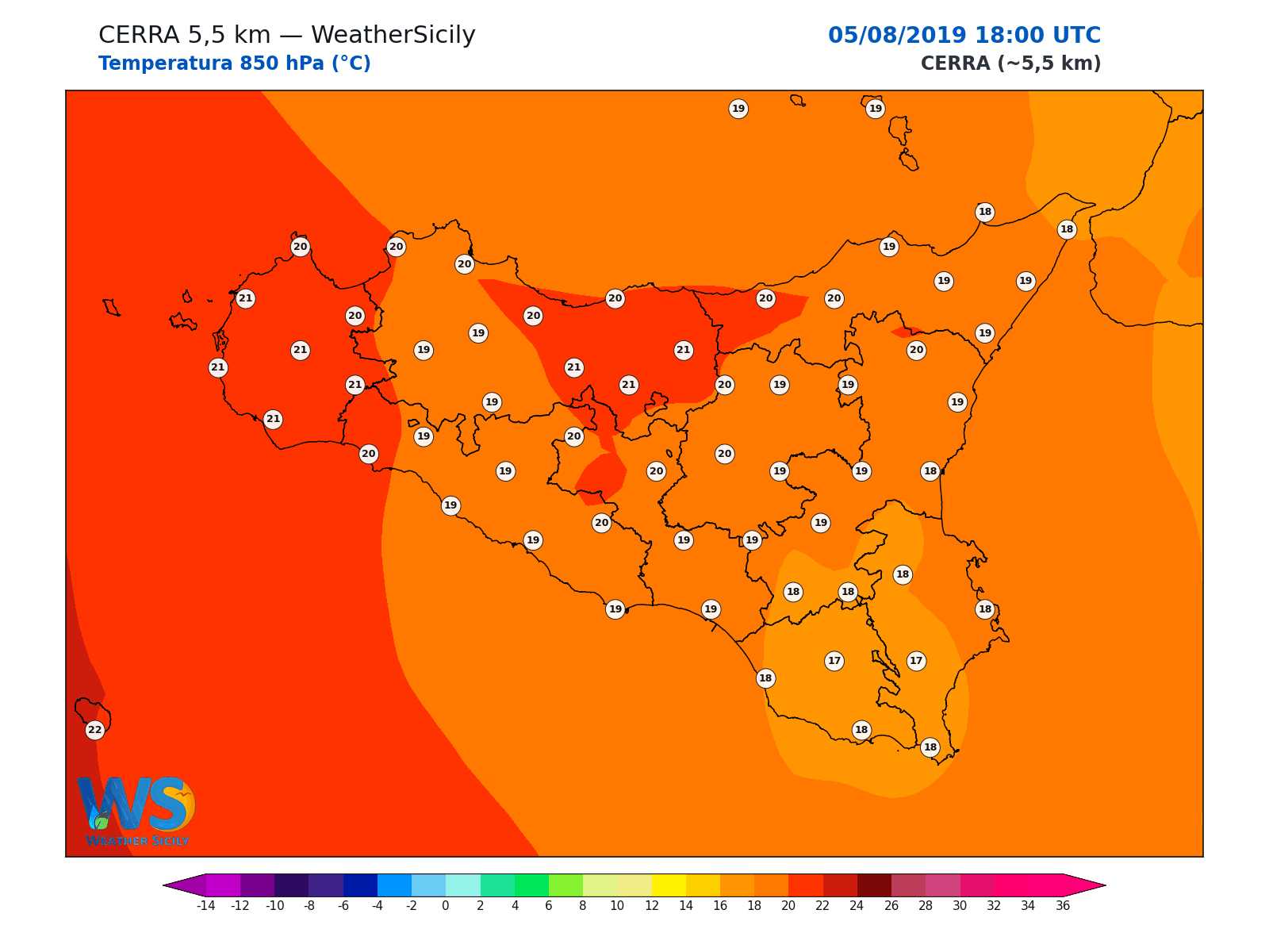 Temperatura a 850 hPa · 2019080518
