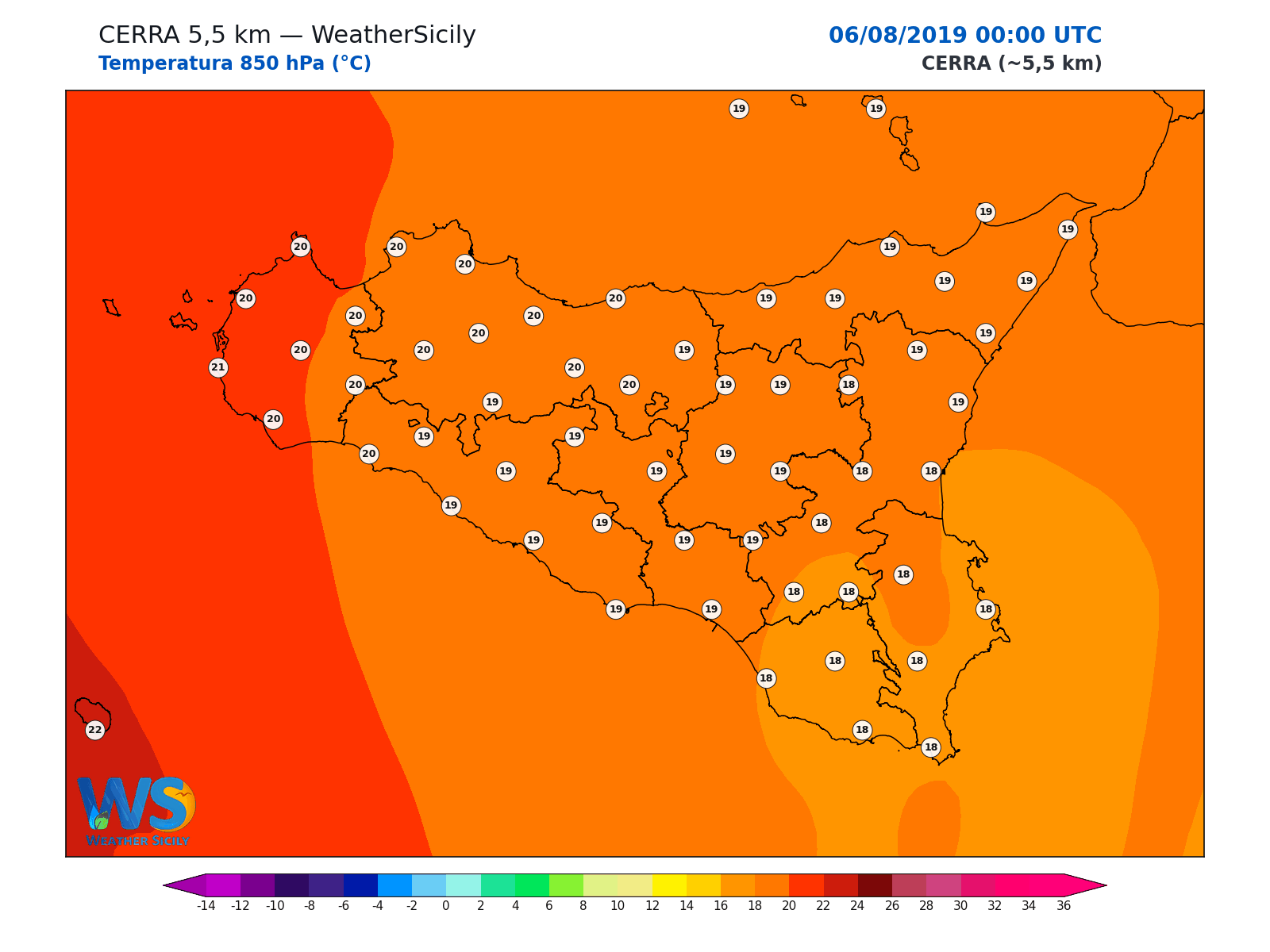 Temperatura a 850 hPa · 2019080600