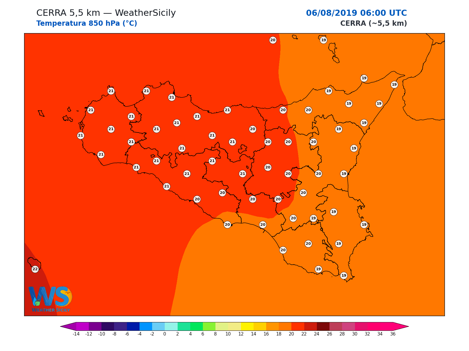 Temperatura a 850 hPa · 2019080606