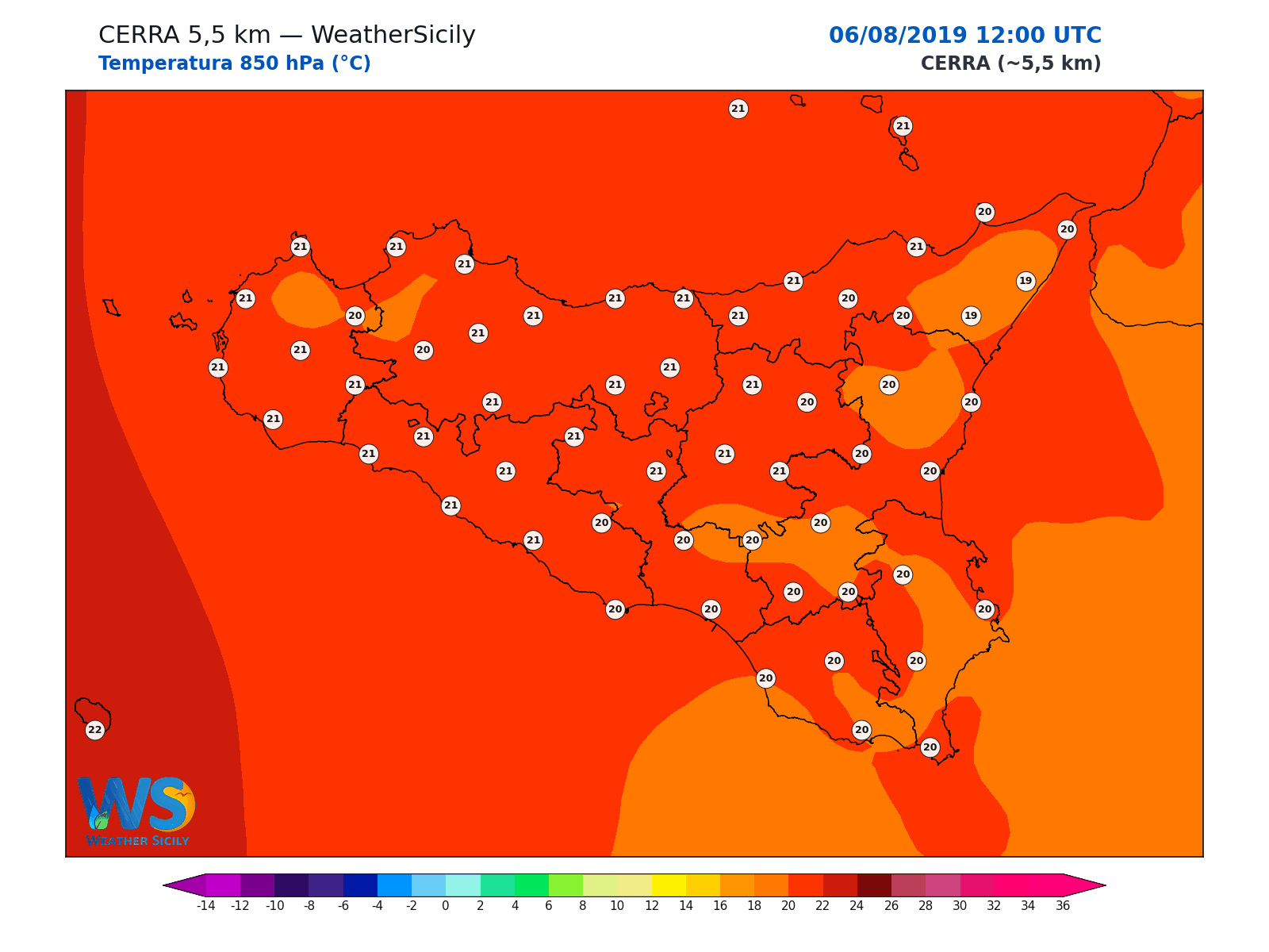 Temperatura a 850 hPa · 2019080612