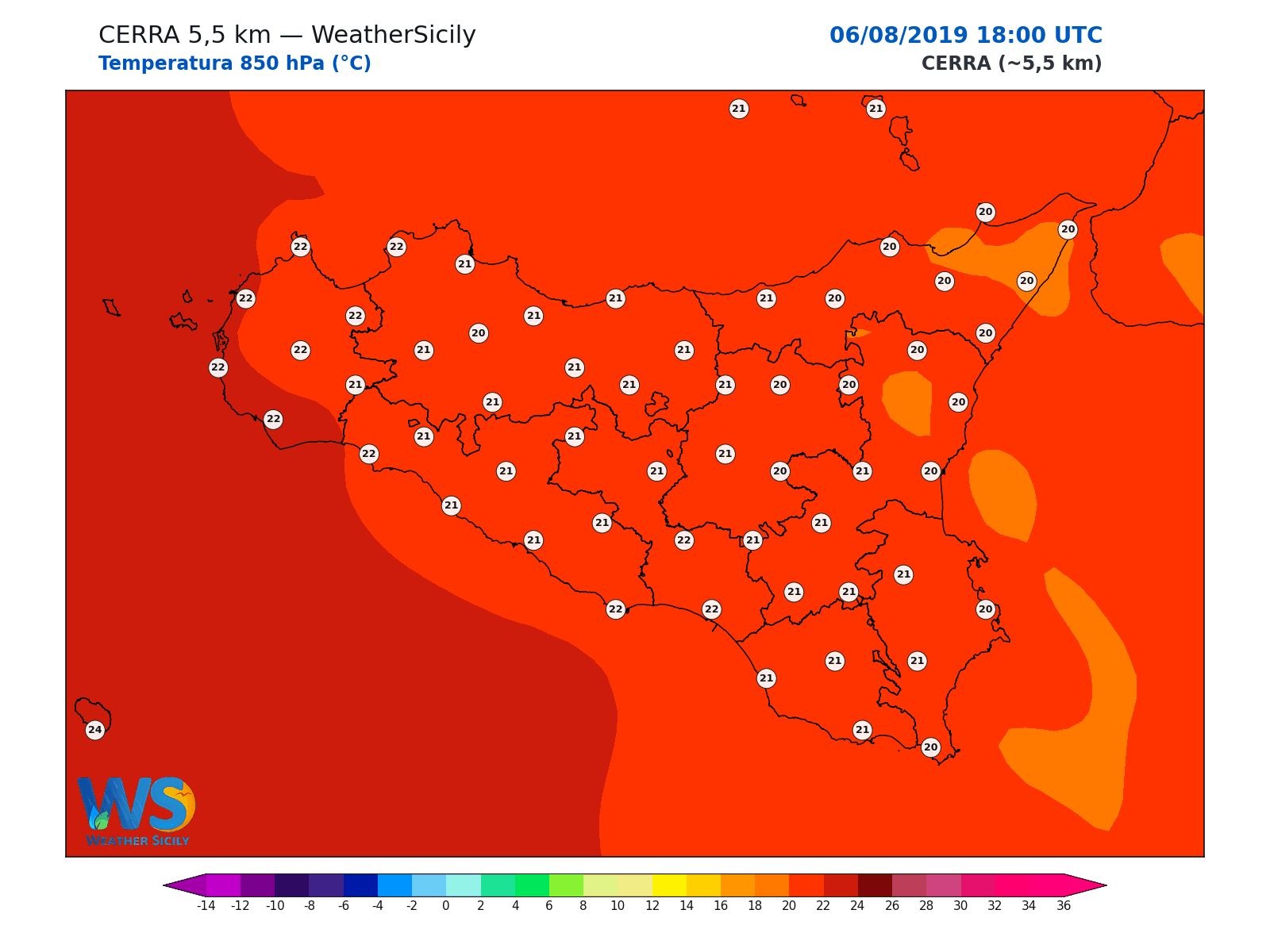 Temperatura a 850 hPa · 2019080618