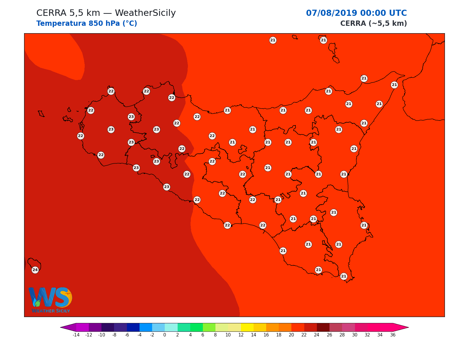 Temperatura a 850 hPa · 2019080700
