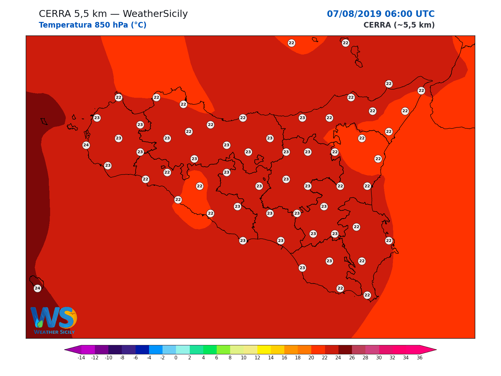 Temperatura a 850 hPa · 2019080706