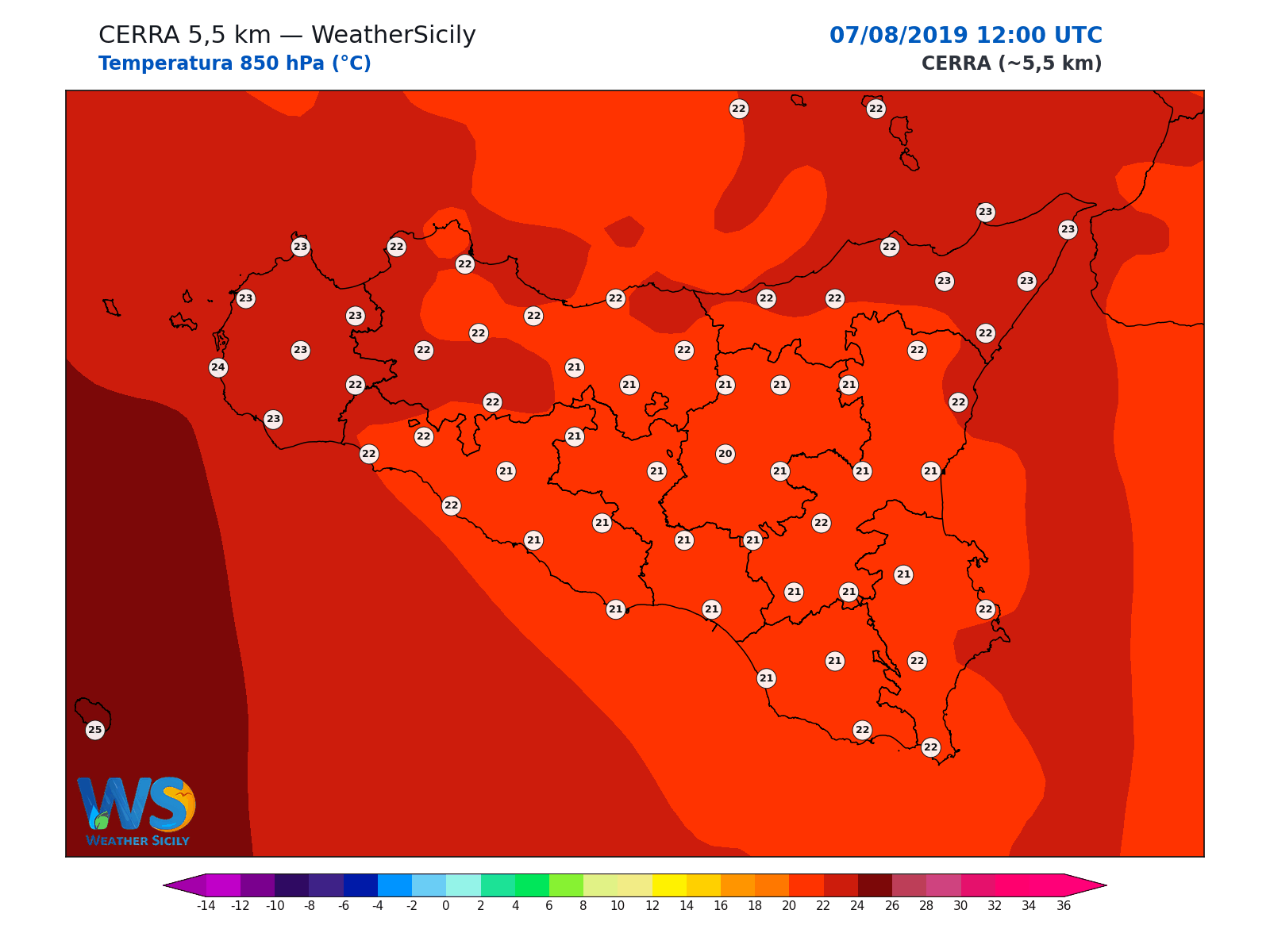 Temperatura a 850 hPa · 2019080712