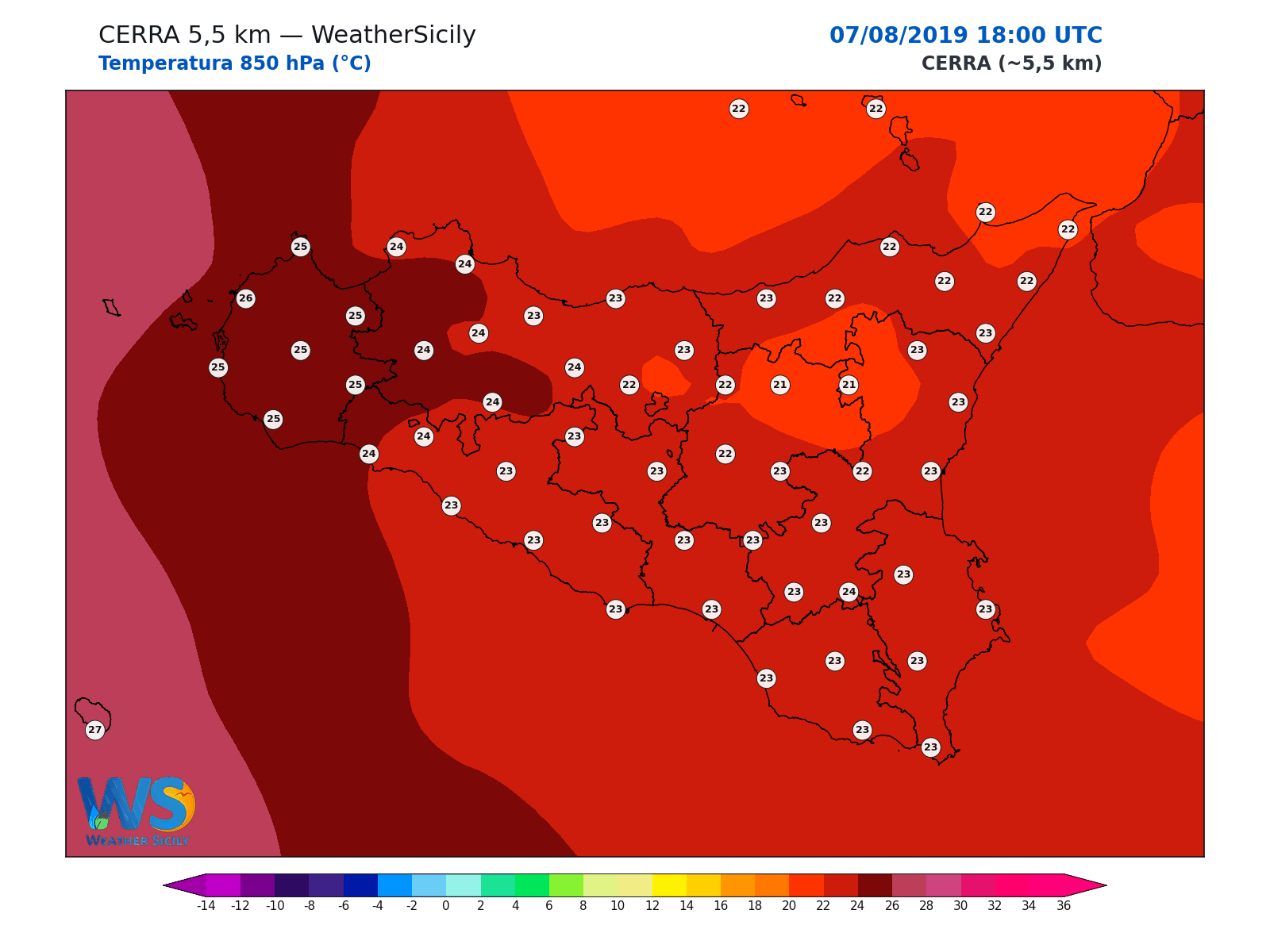 Temperatura a 850 hPa · 2019080718