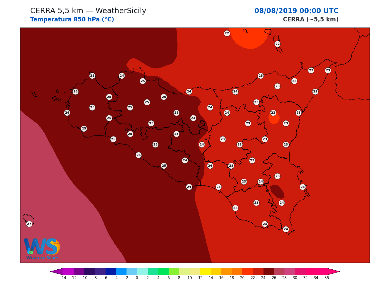 Temperatura a 850 hPa · 2019080800
