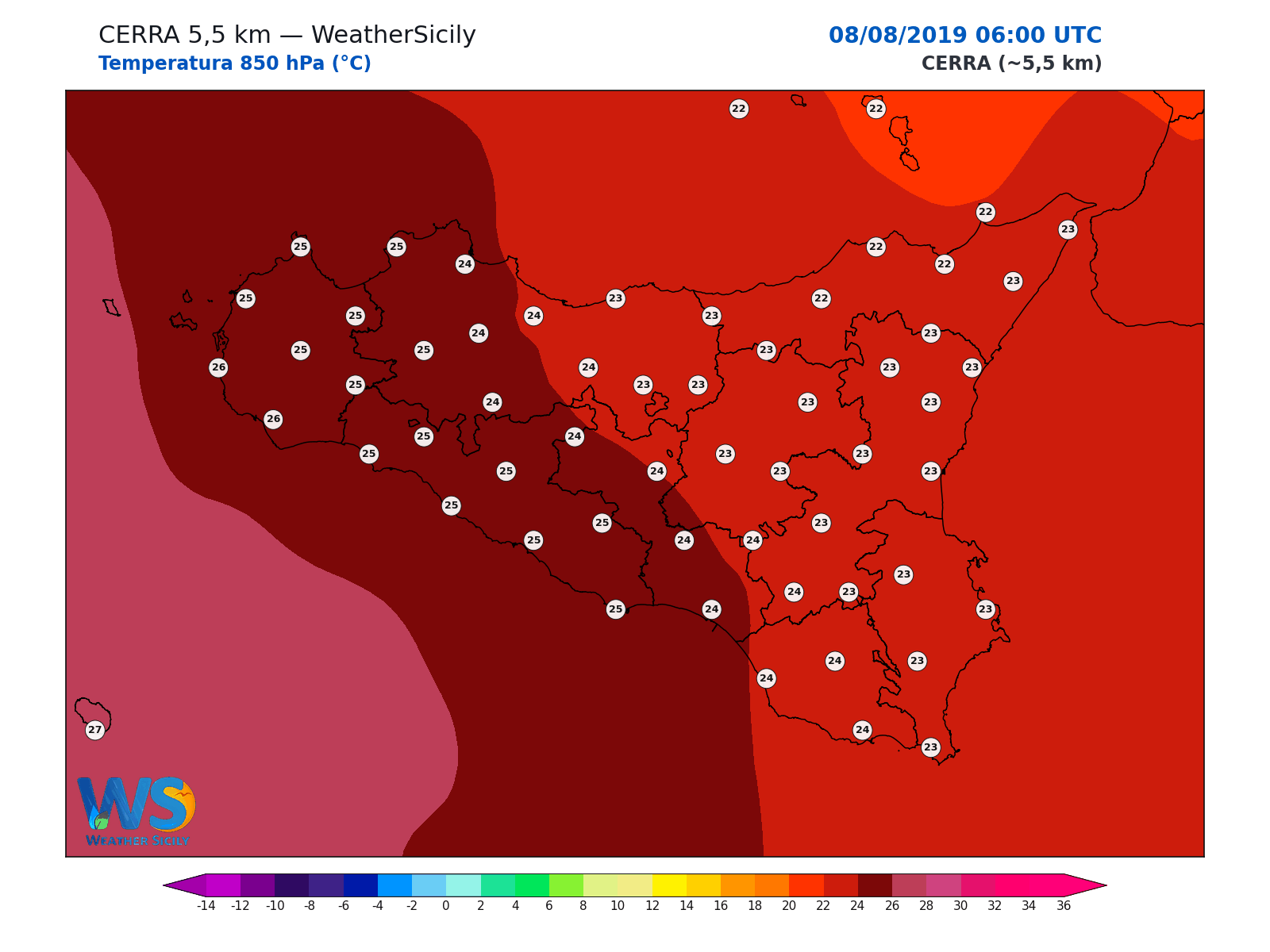 Temperatura a 850 hPa · 2019080806