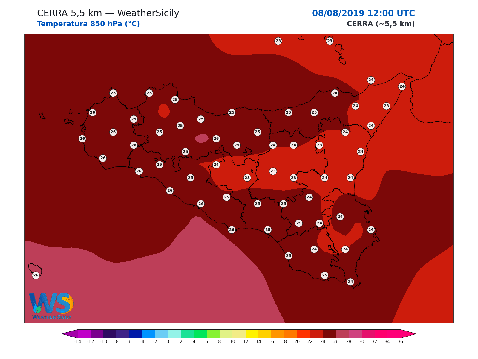 Temperatura a 850 hPa · 2019080812