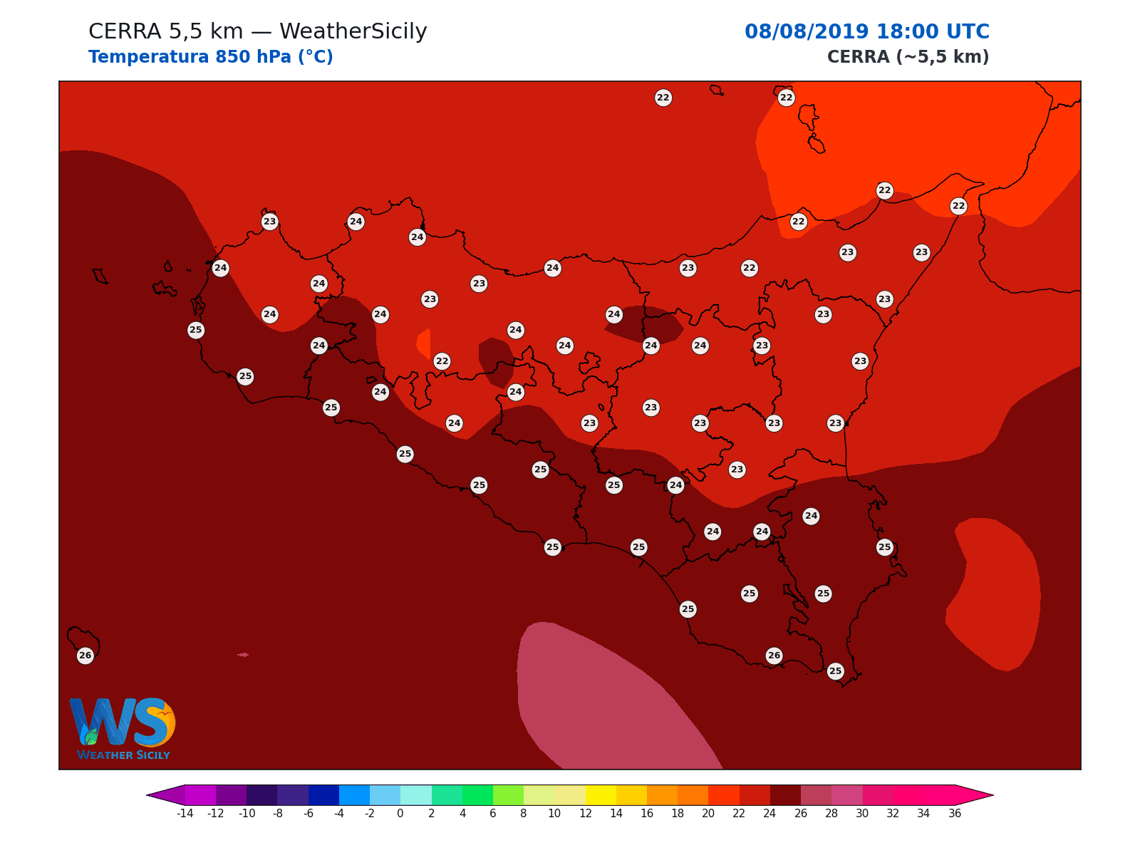 Temperatura a 850 hPa · 2019080818