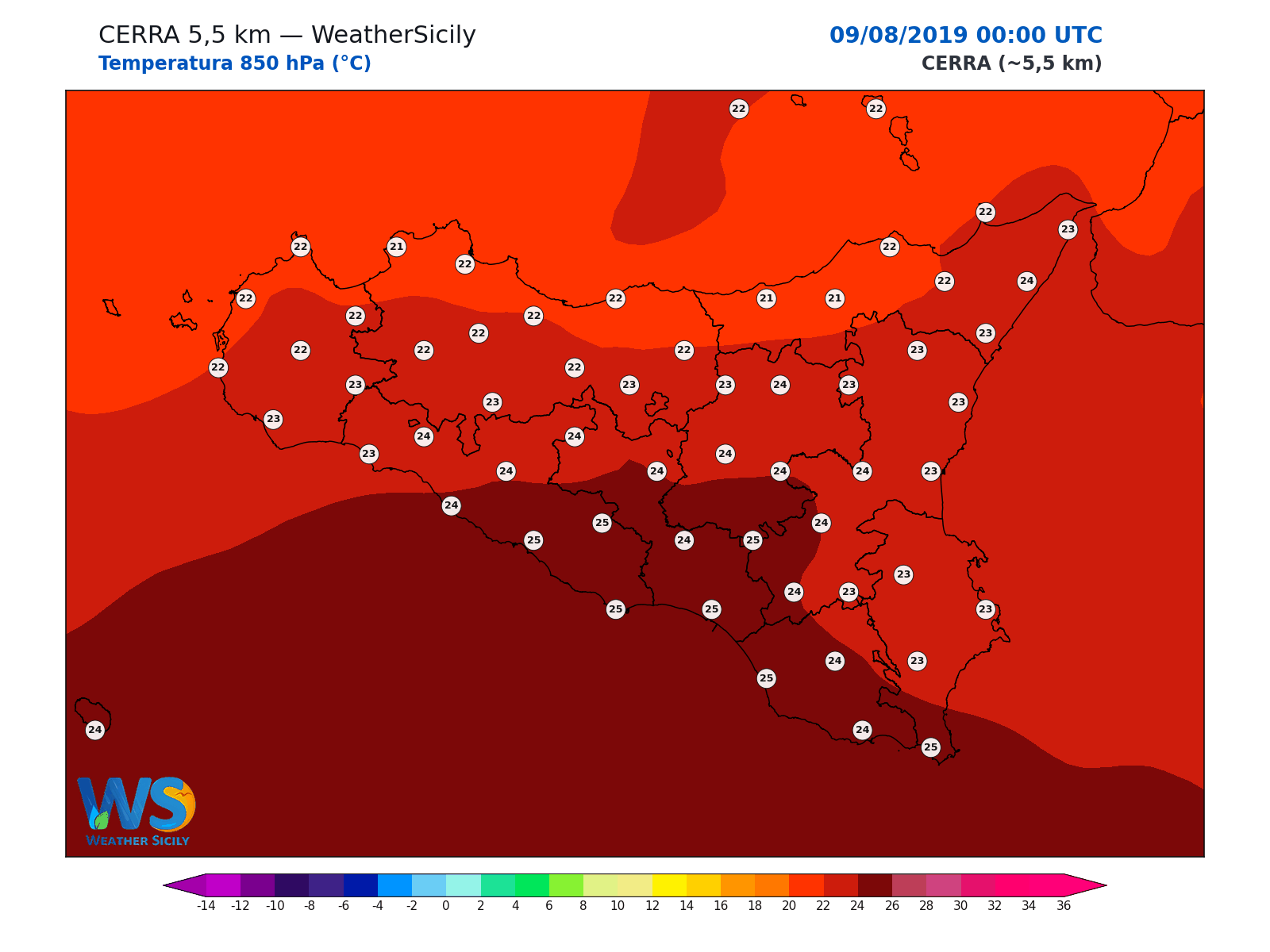 Temperatura a 850 hPa · 2019080900