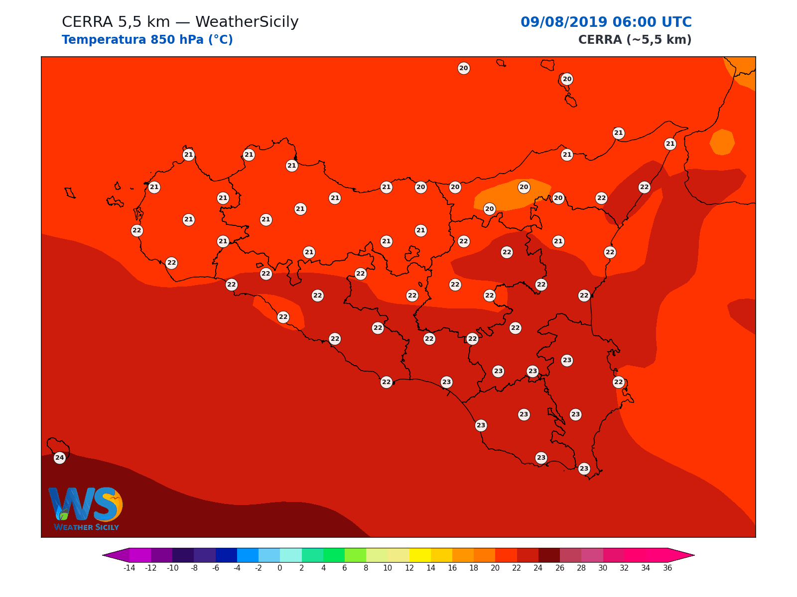 Temperatura a 850 hPa · 2019080906