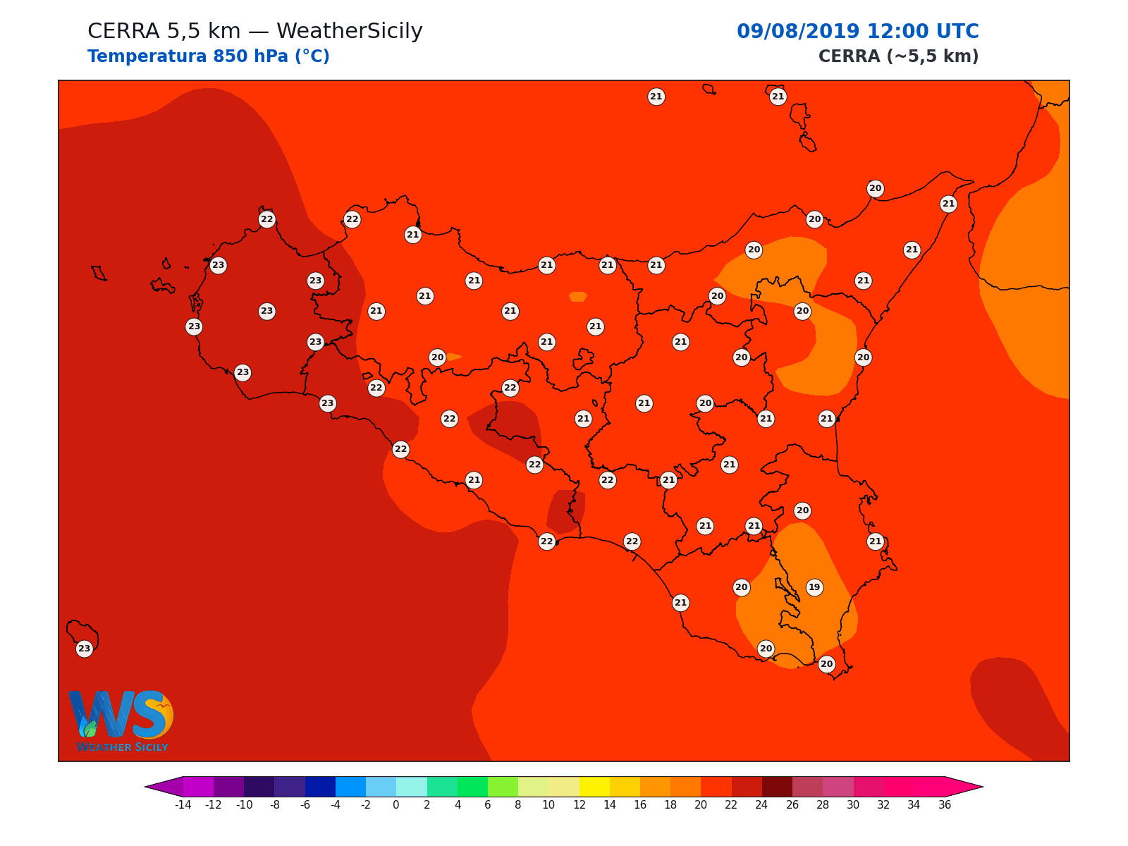 Temperatura a 850 hPa · 2019080912