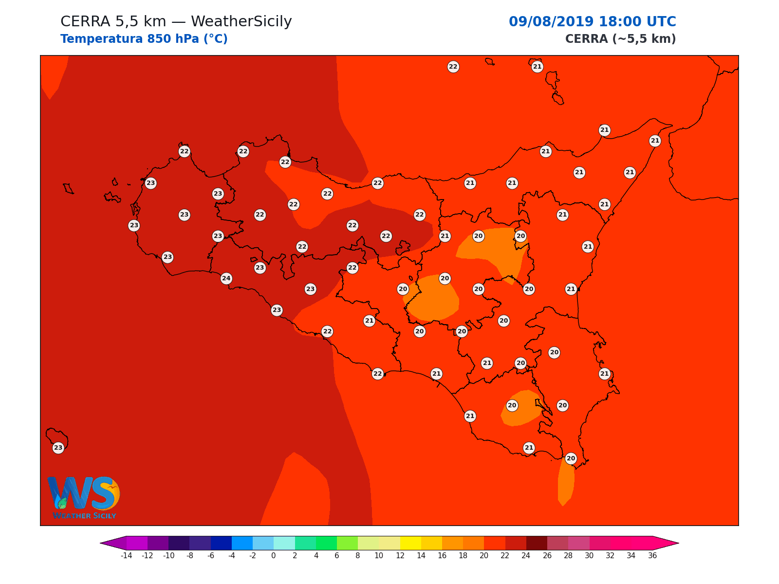 Temperatura a 850 hPa · 2019080918