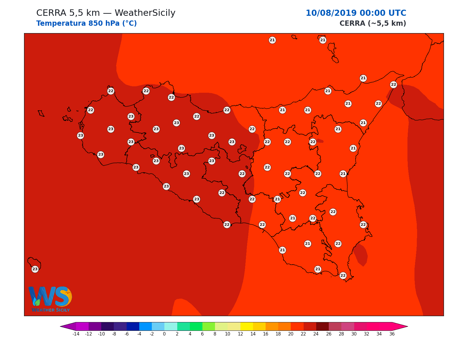 Temperatura a 850 hPa · 2019081000