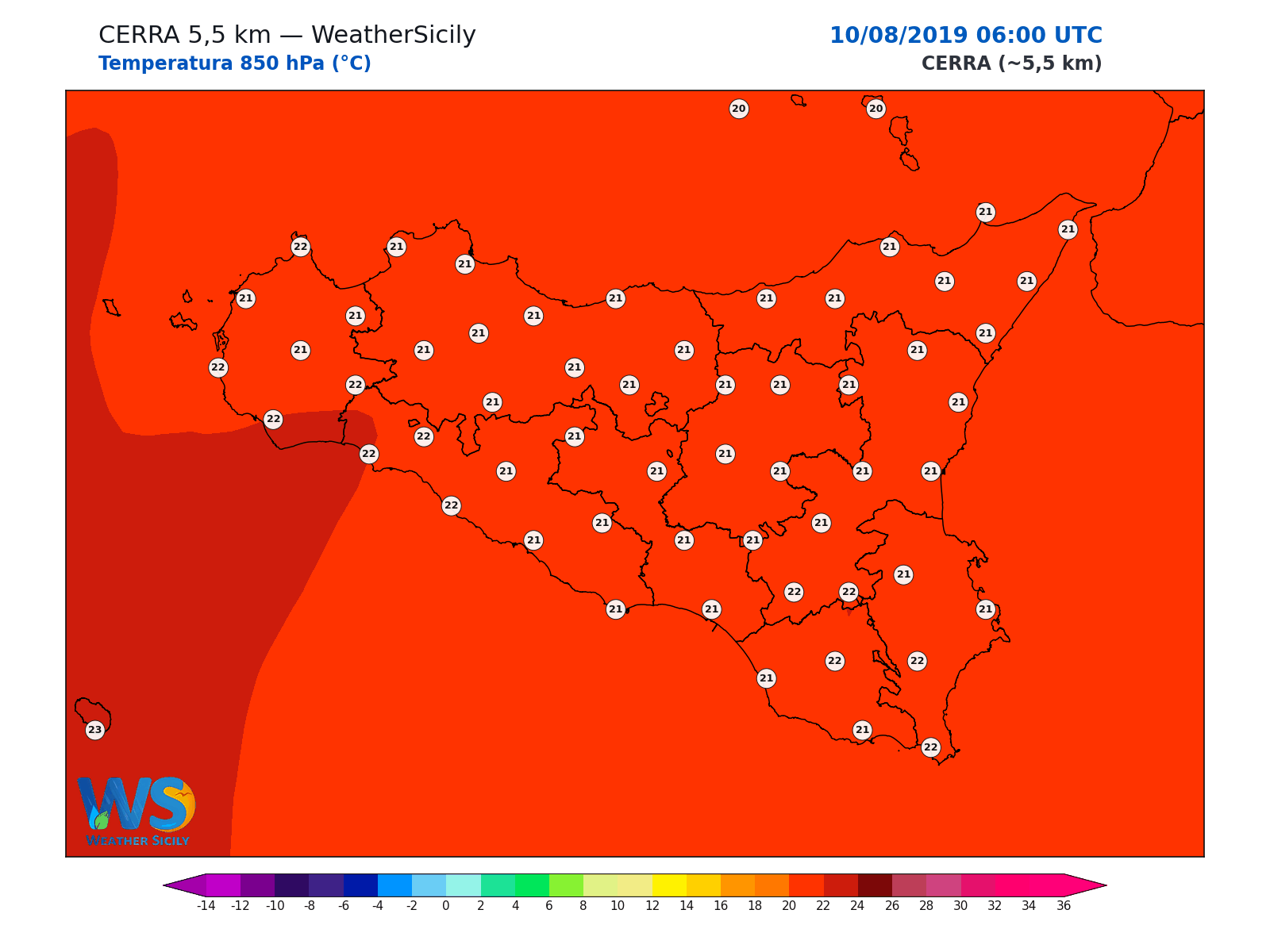 Temperatura a 850 hPa · 2019081006