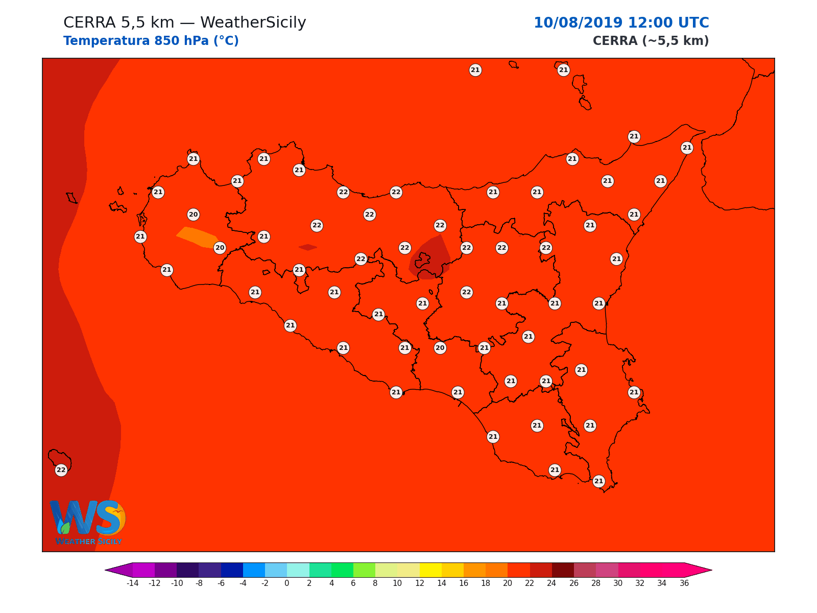 Temperatura a 850 hPa · 2019081012