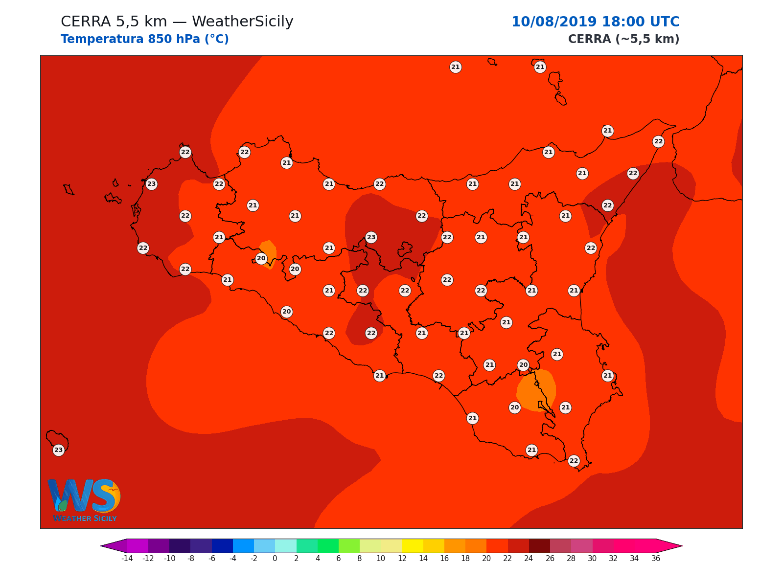 Temperatura a 850 hPa · 2019081018