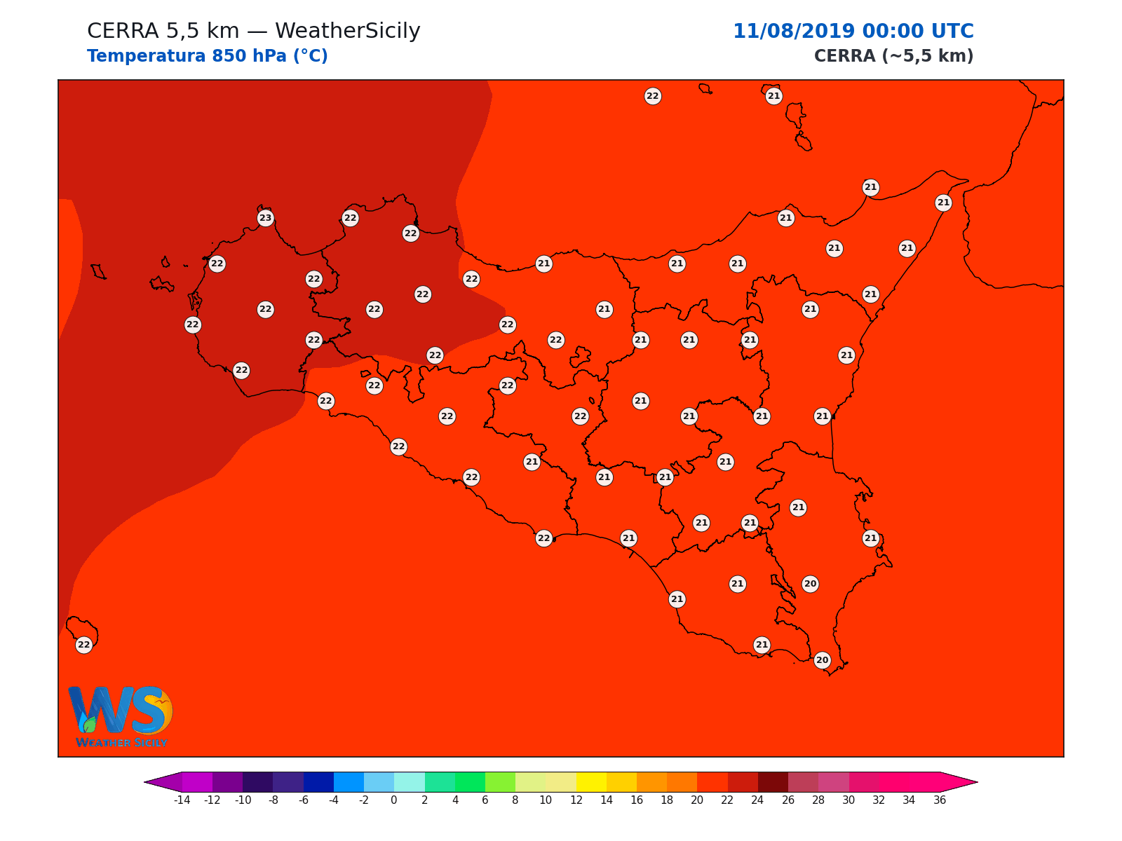 Temperatura a 850 hPa · 2019081100