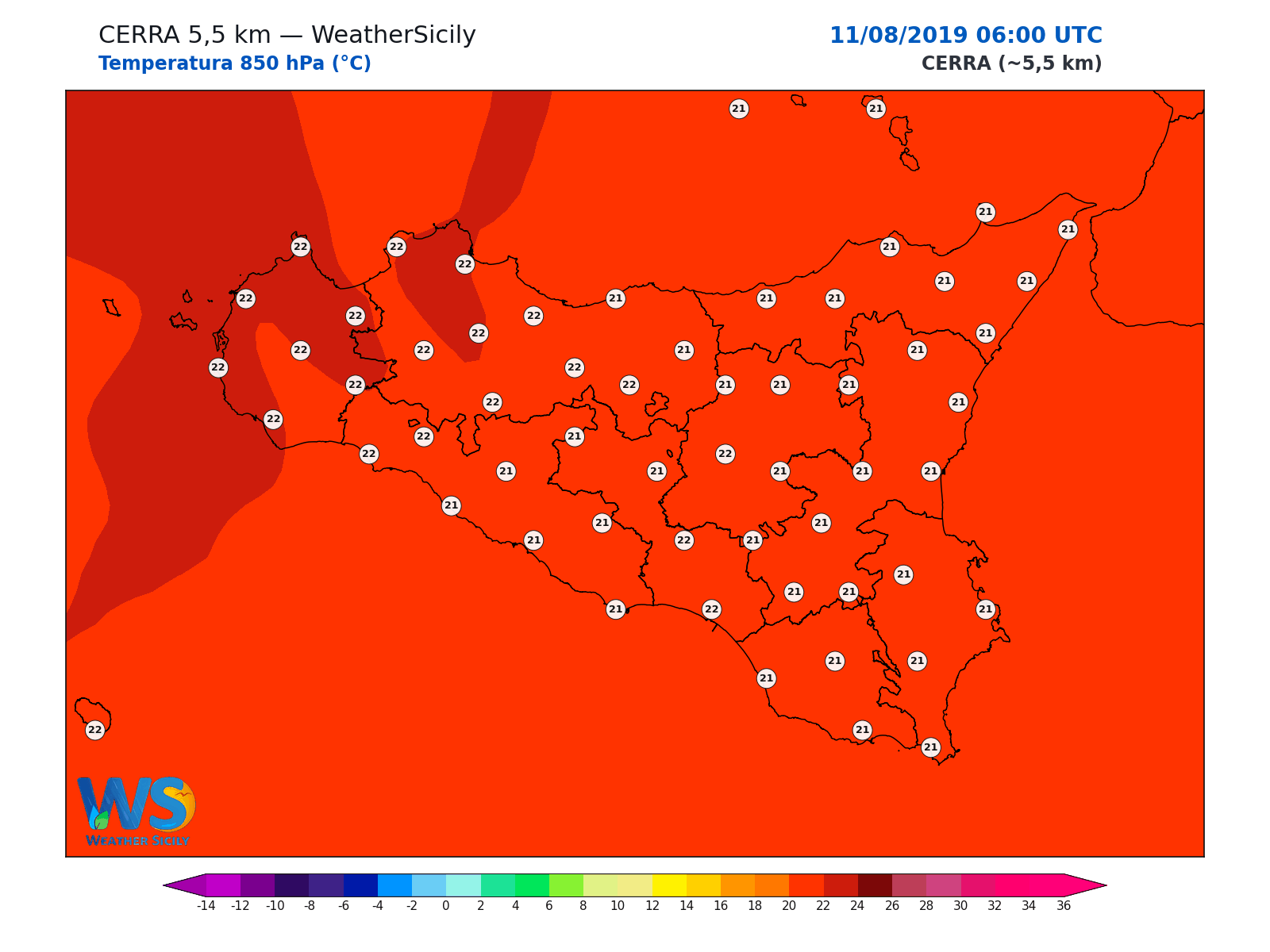 Temperatura a 850 hPa · 2019081106