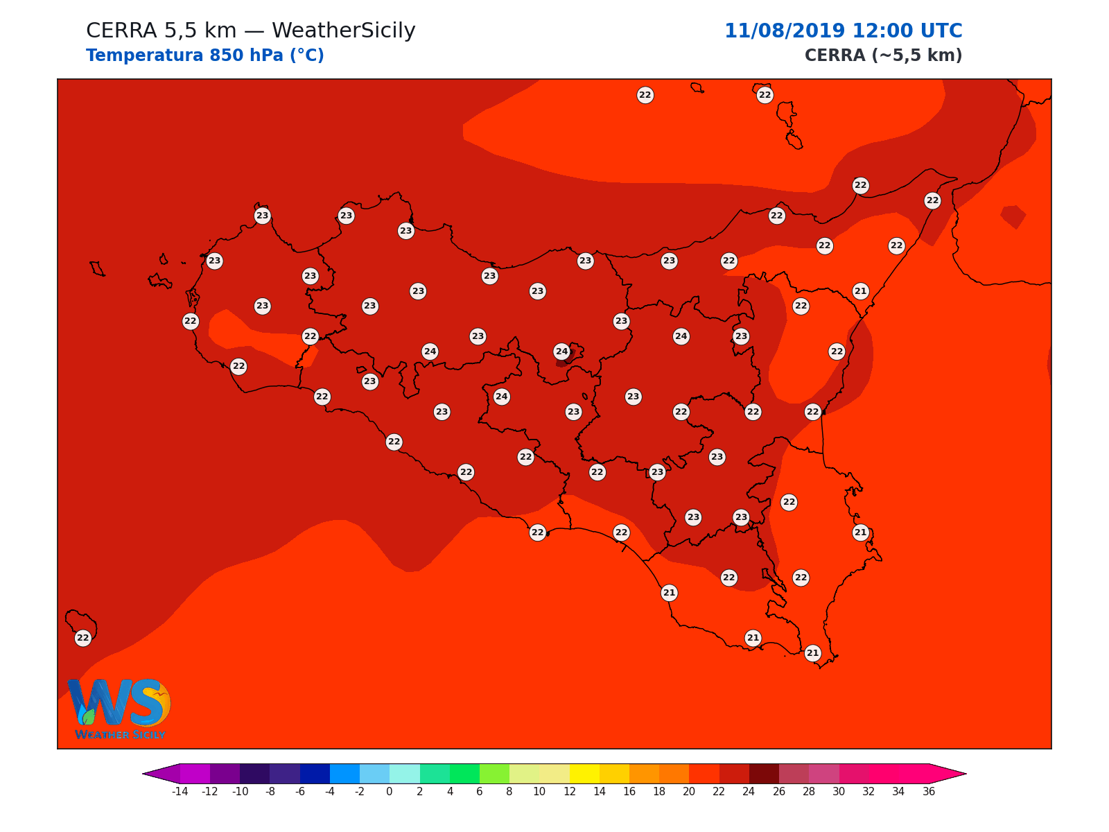 Temperatura a 850 hPa · 2019081112