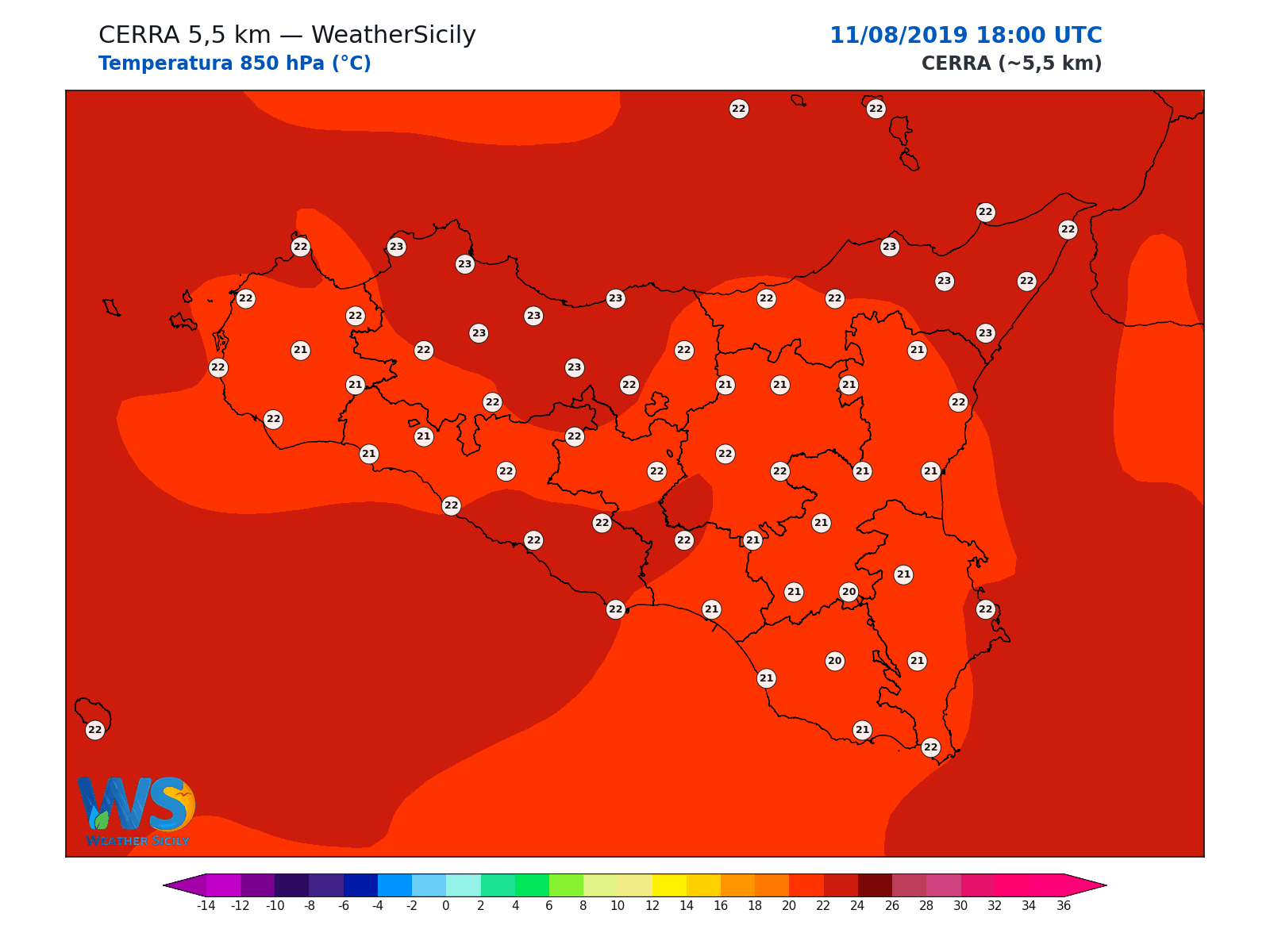 Temperatura a 850 hPa · 2019081118