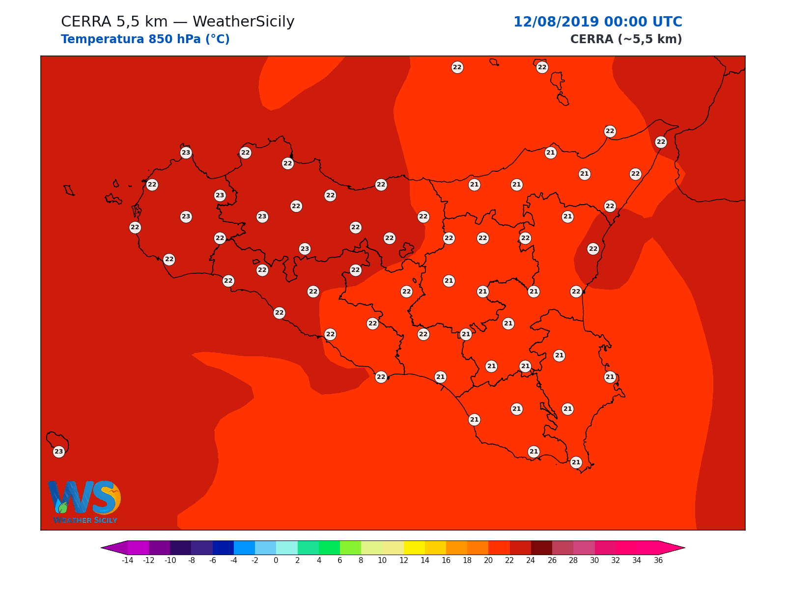 Temperatura a 850 hPa · 2019081200