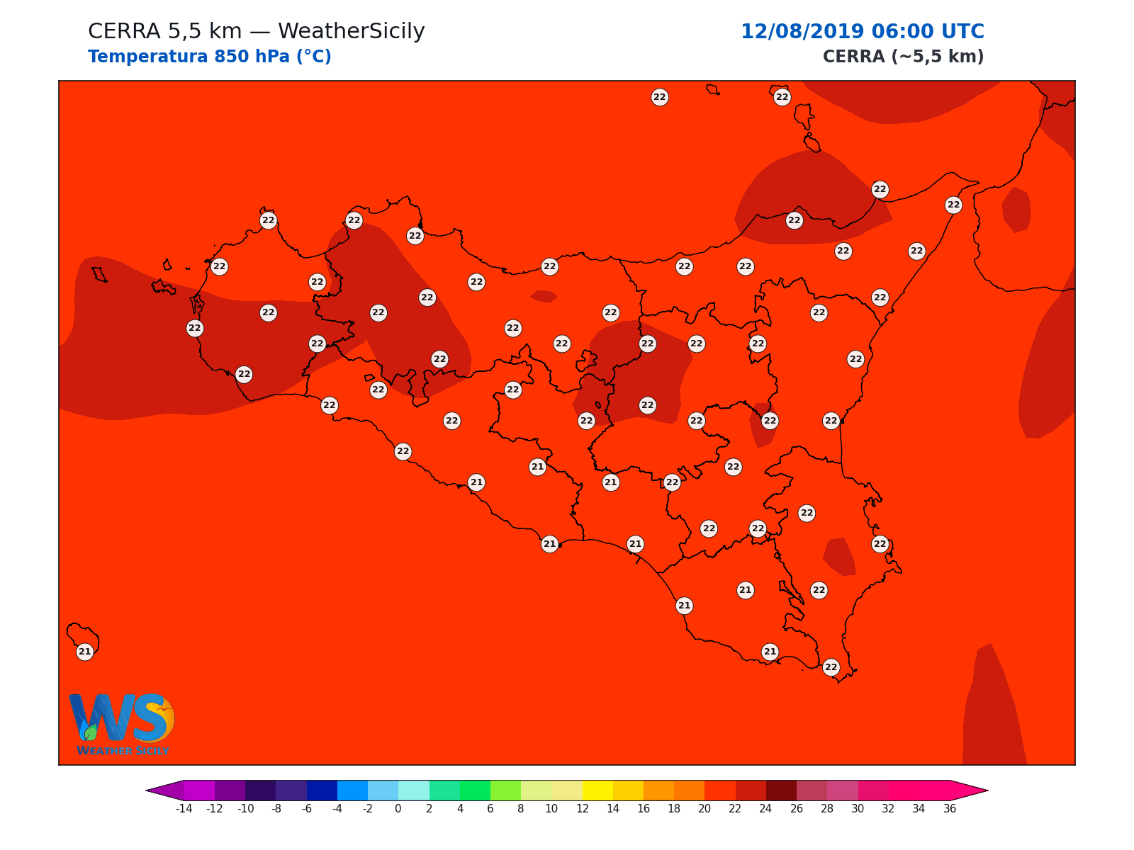 Temperatura a 850 hPa · 2019081206
