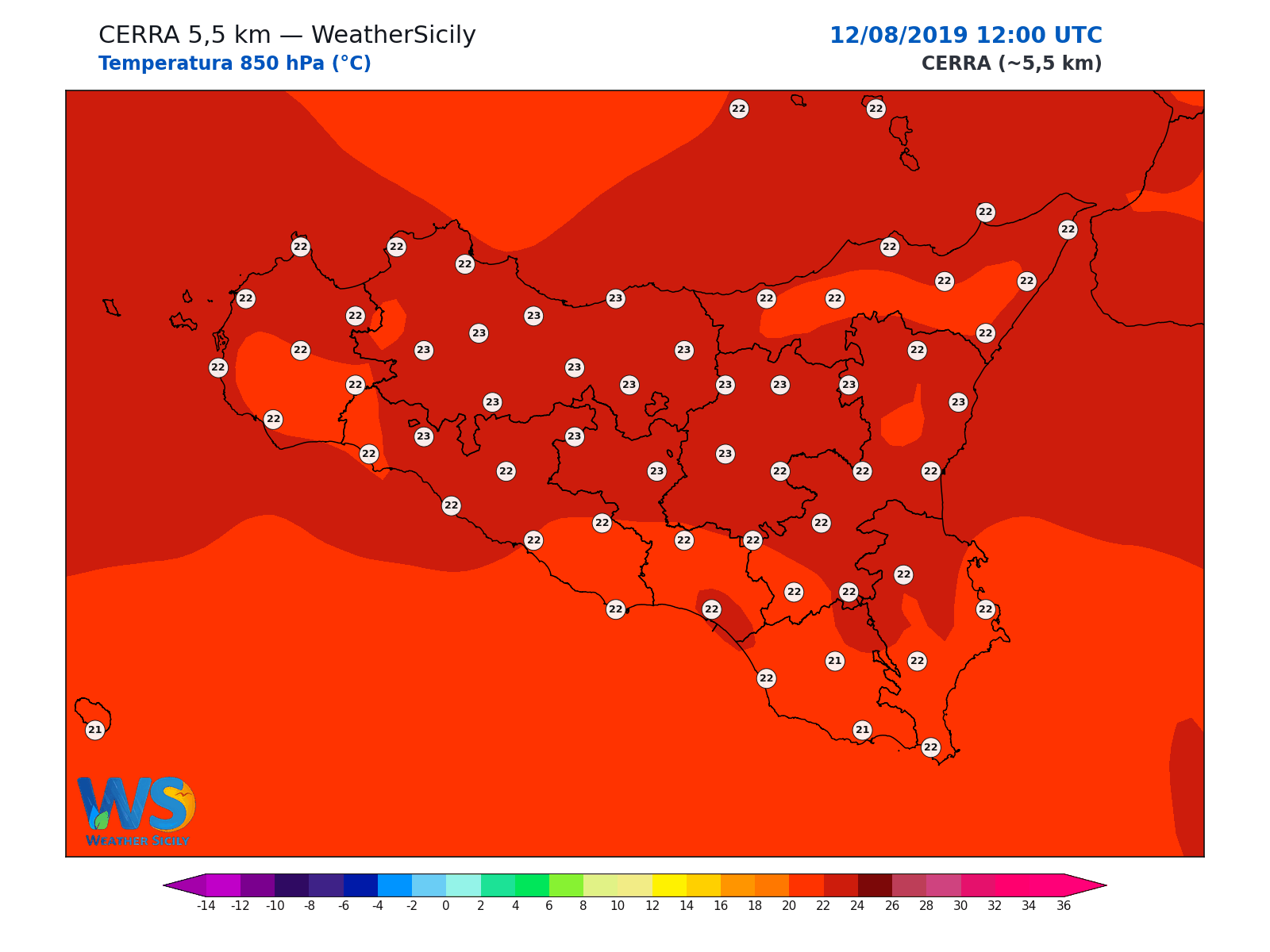 Temperatura a 850 hPa · 2019081212