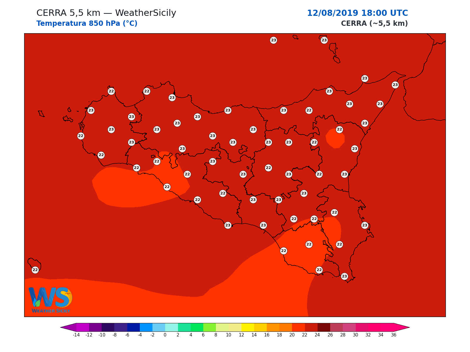 Temperatura a 850 hPa · 2019081218